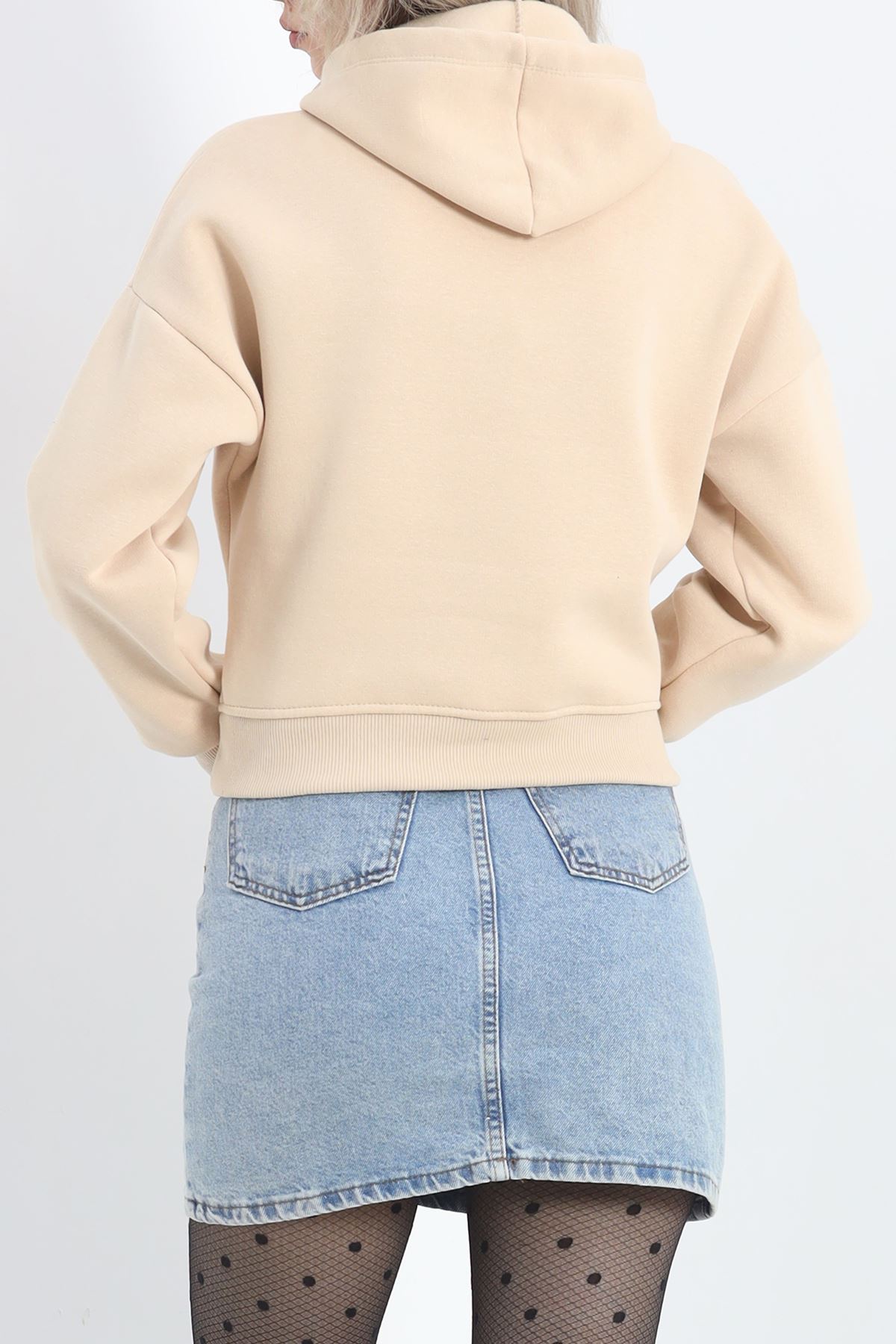 Kapşonlu Crop Sweat Bej - 20959.1878.
