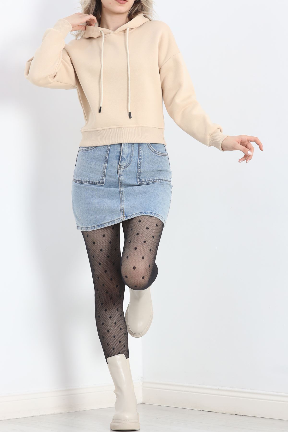 Kapşonlu Crop Sweat Bej - 20959.1878.