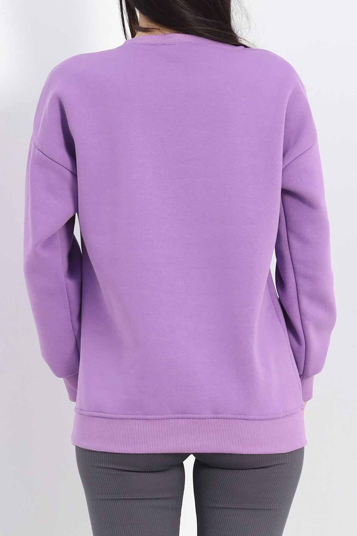 Bisiklet Yaka Baskılı Sweat Lila - 20150.1878.