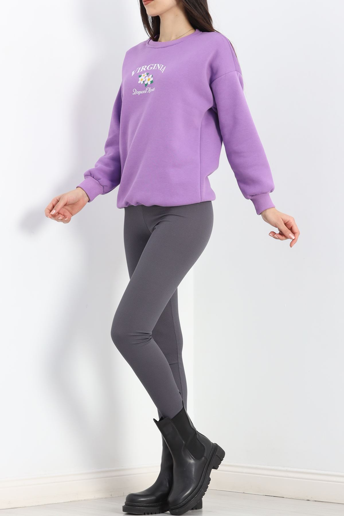 Bisiklet Yaka Baskılı Sweat Lila - 20150.1878.