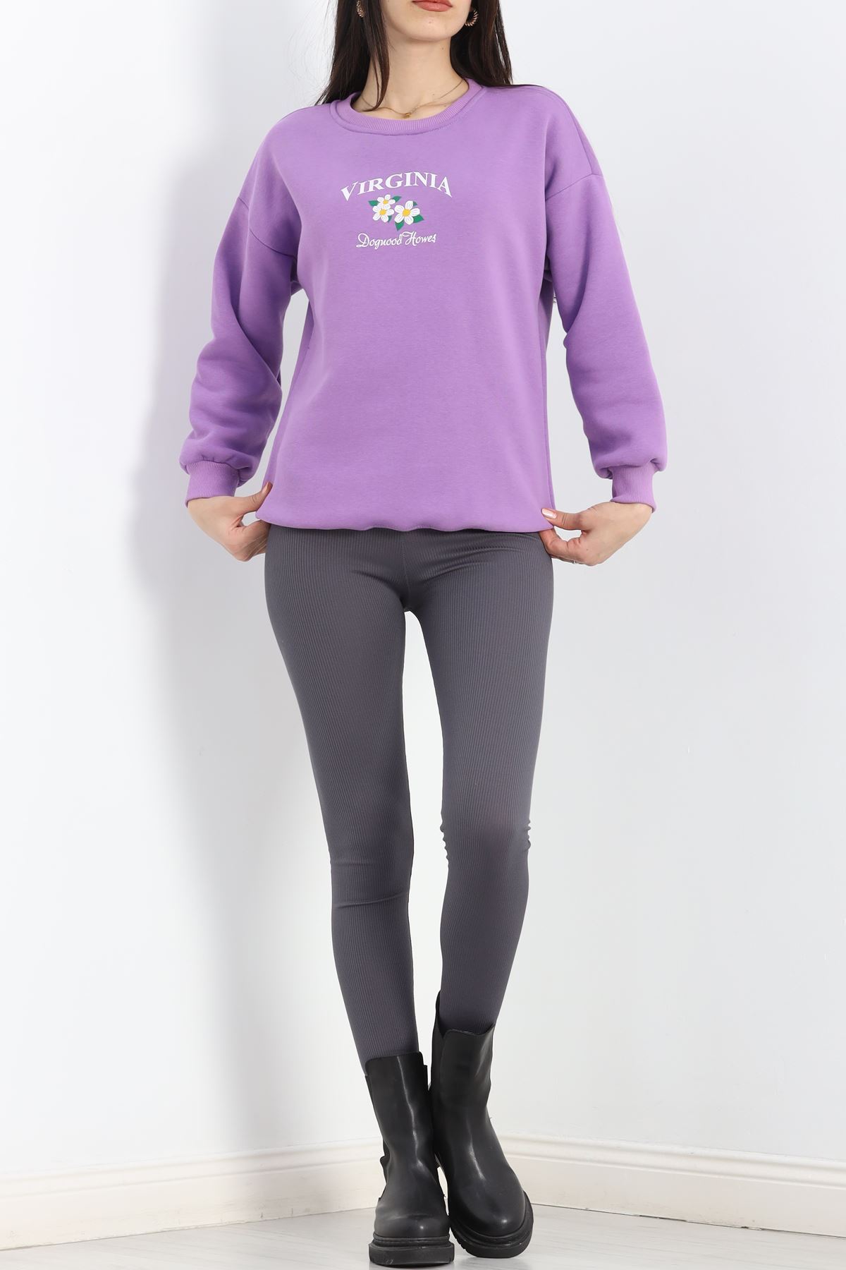Bisiklet Yaka Baskılı Sweat Lila - 20150.1878.