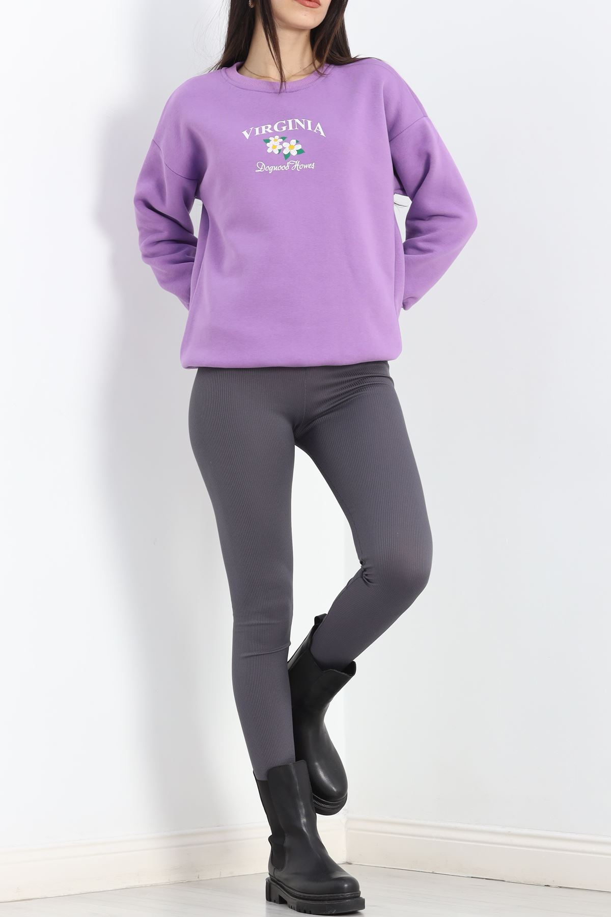 Bisiklet Yaka Baskılı Sweat Lila - 20150.1878.