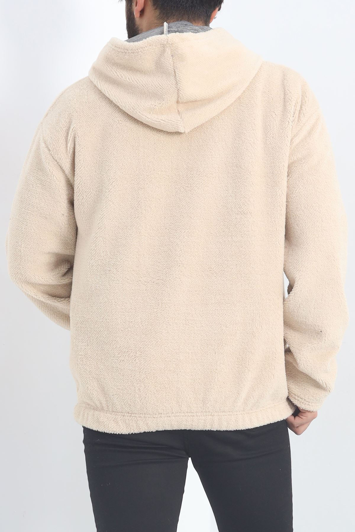 Kapşonlu Nakışlı Erkek Peluş Sweat Bej - 19320.1885.
