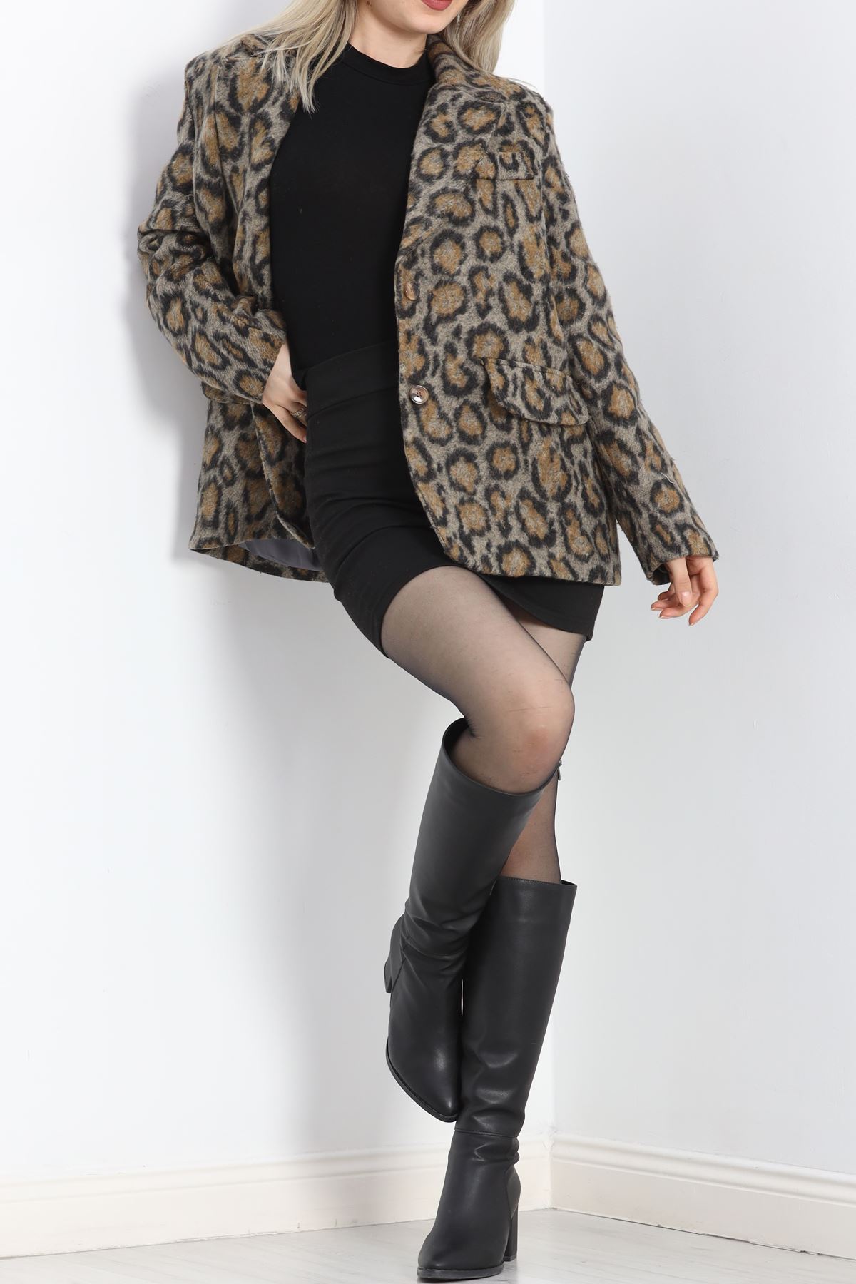 Desenli Astarlı Kaşe Ceket Leopar - 20596.1247.