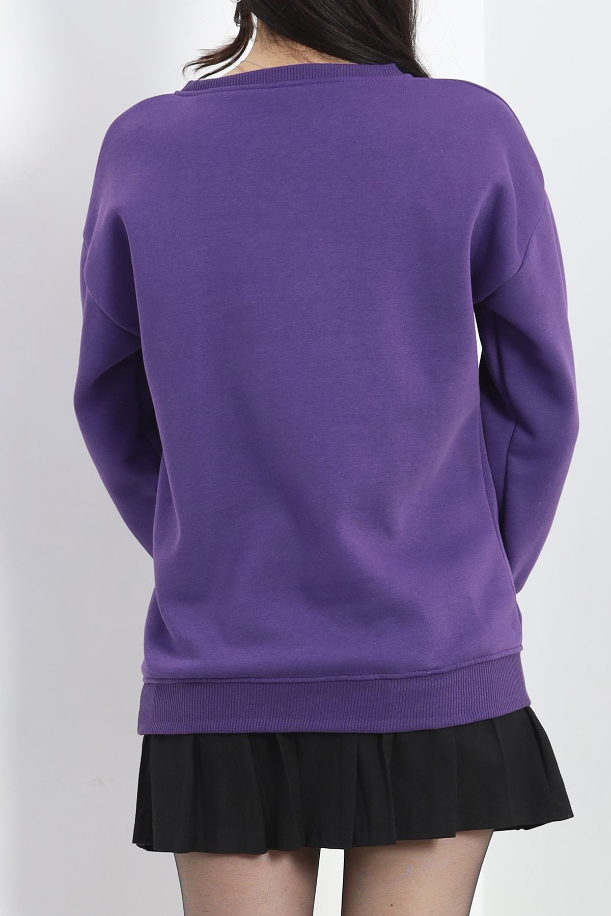 Bisiklet Yaka Baskılı 3 İplik Sweat Mor - 20503.1878.