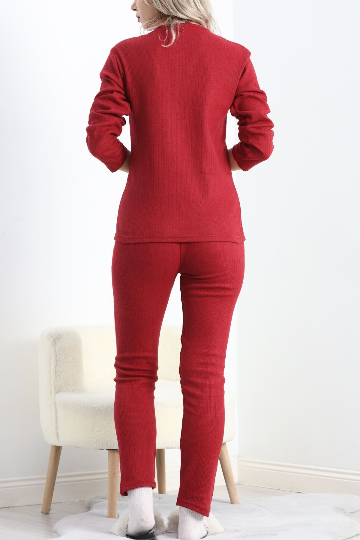 Nakışlı Fitilli Pijama Takımı Bordo1 - 19219.1048.