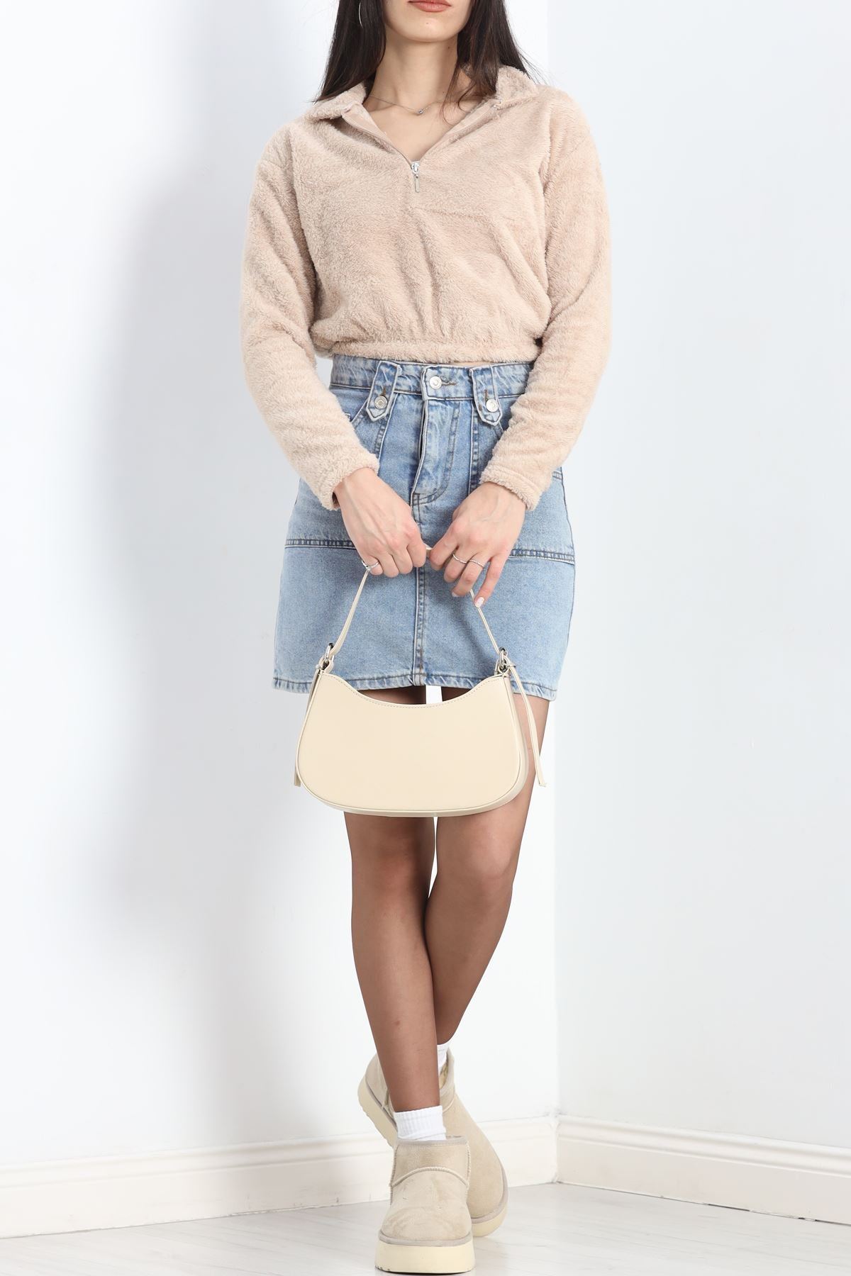 Fermuarlı Crop Peluş Sweat Bej - 9060.1153.