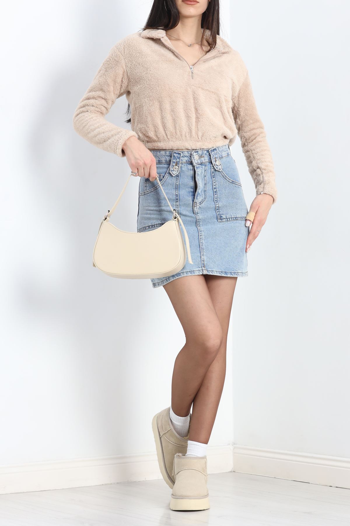 Fermuarlı Crop Peluş Sweat Bej - 9060.1153.