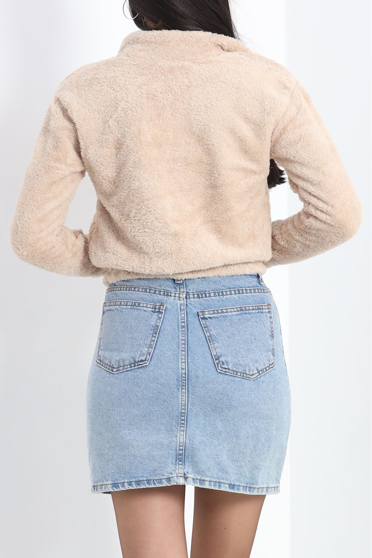Fermuarlı Crop Peluş Sweat Bej - 9060.1153.