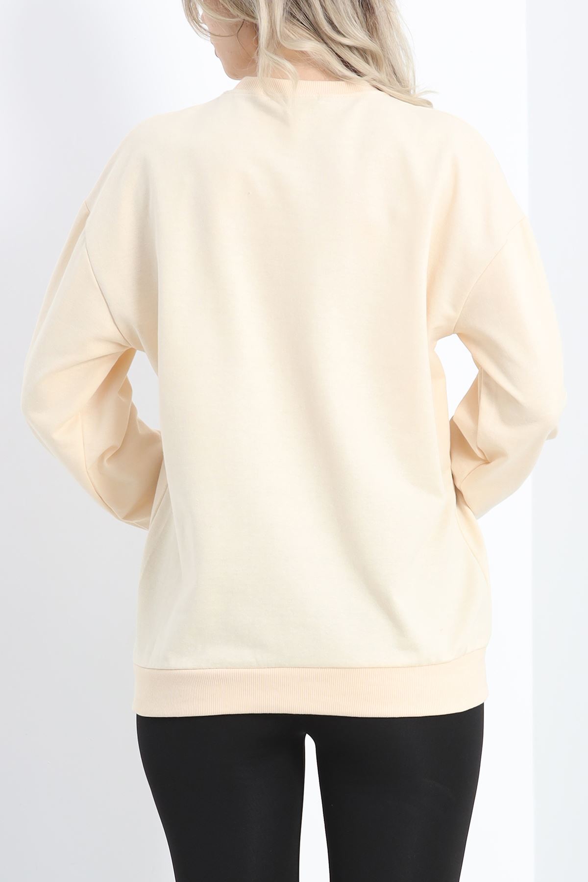 Bisiklet Yaka İki İplik Sweat Bej - 3042.275.