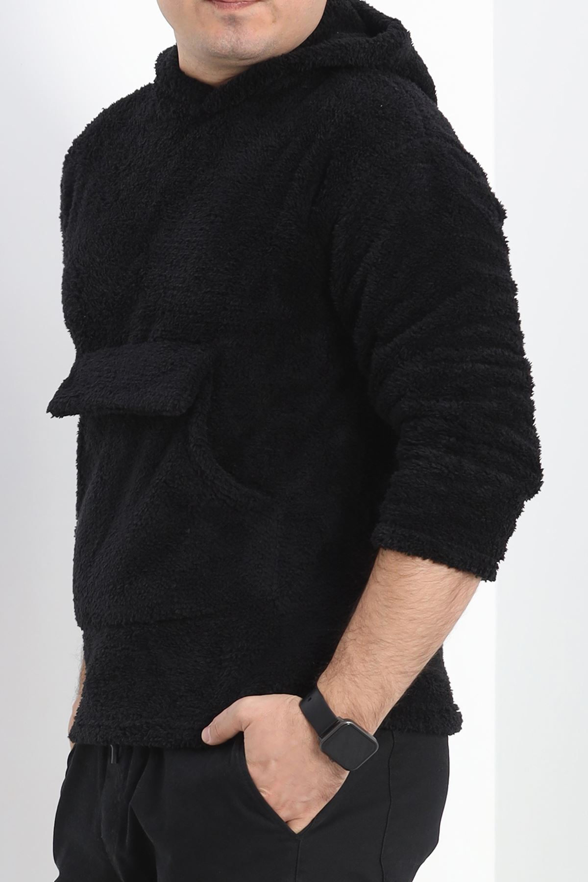 Kanguru Cep Kapşonlu Peluş Sweat Siyah - 9062.1153.