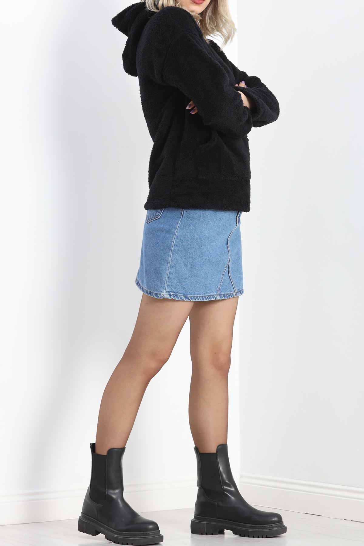 Kanguru Cep Kapşonlu Peluş Sweat Siyah - 9062.1153.