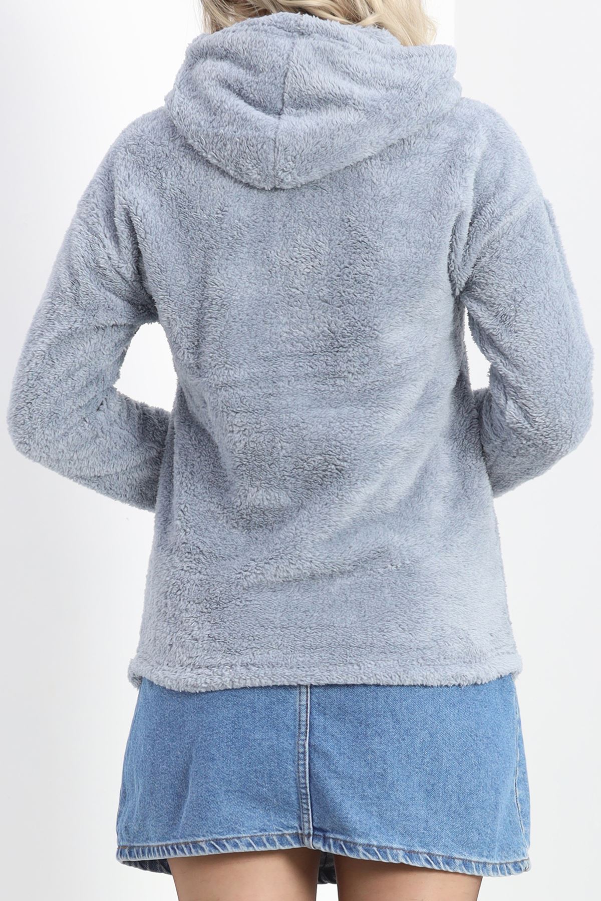 Kanguru Cep Kapşonlu Peluş Sweat Gökmavisi - 9062.1153.