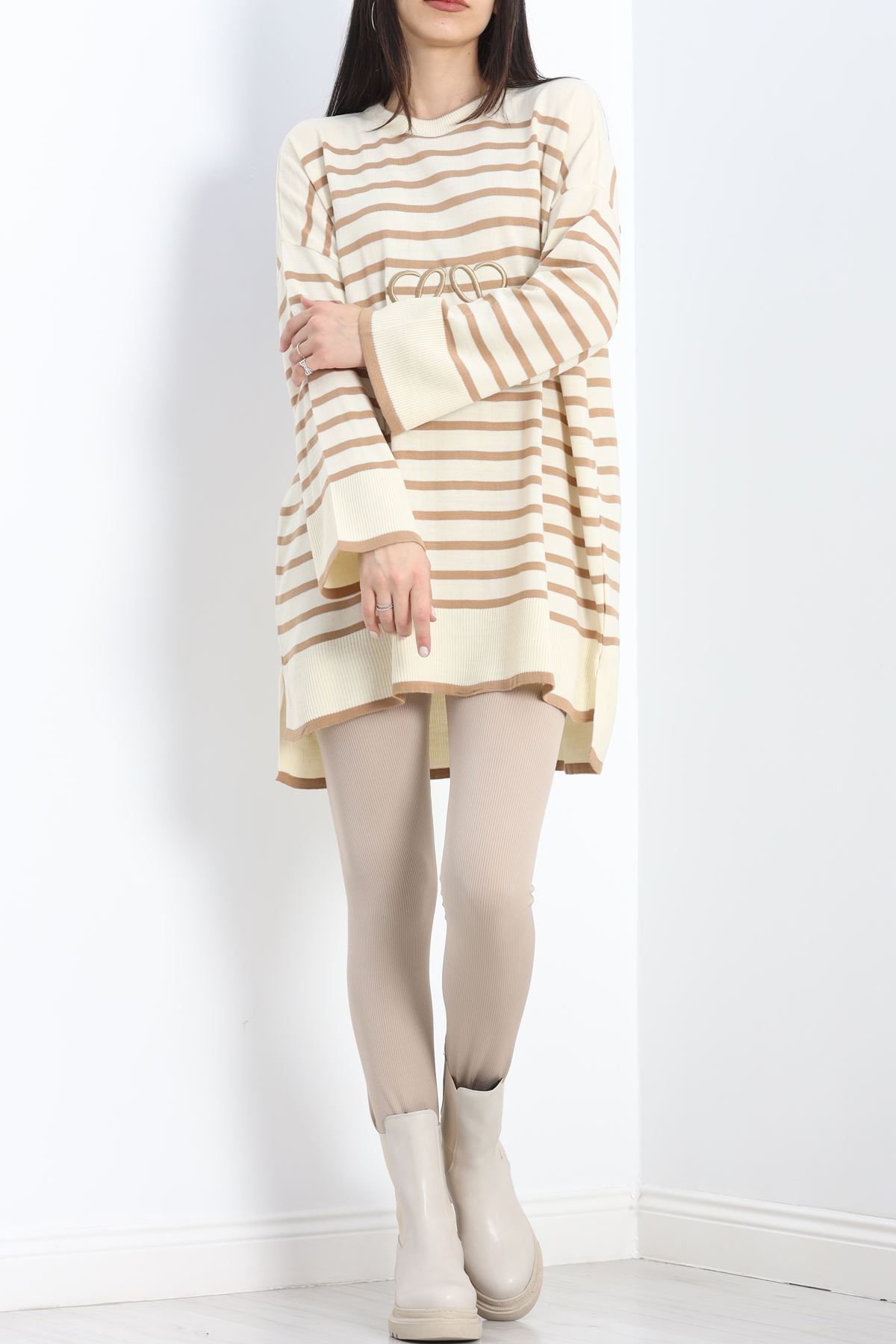 Nakışlı Oversize Triko Kazak Lattebisküvi - 540.1247.
