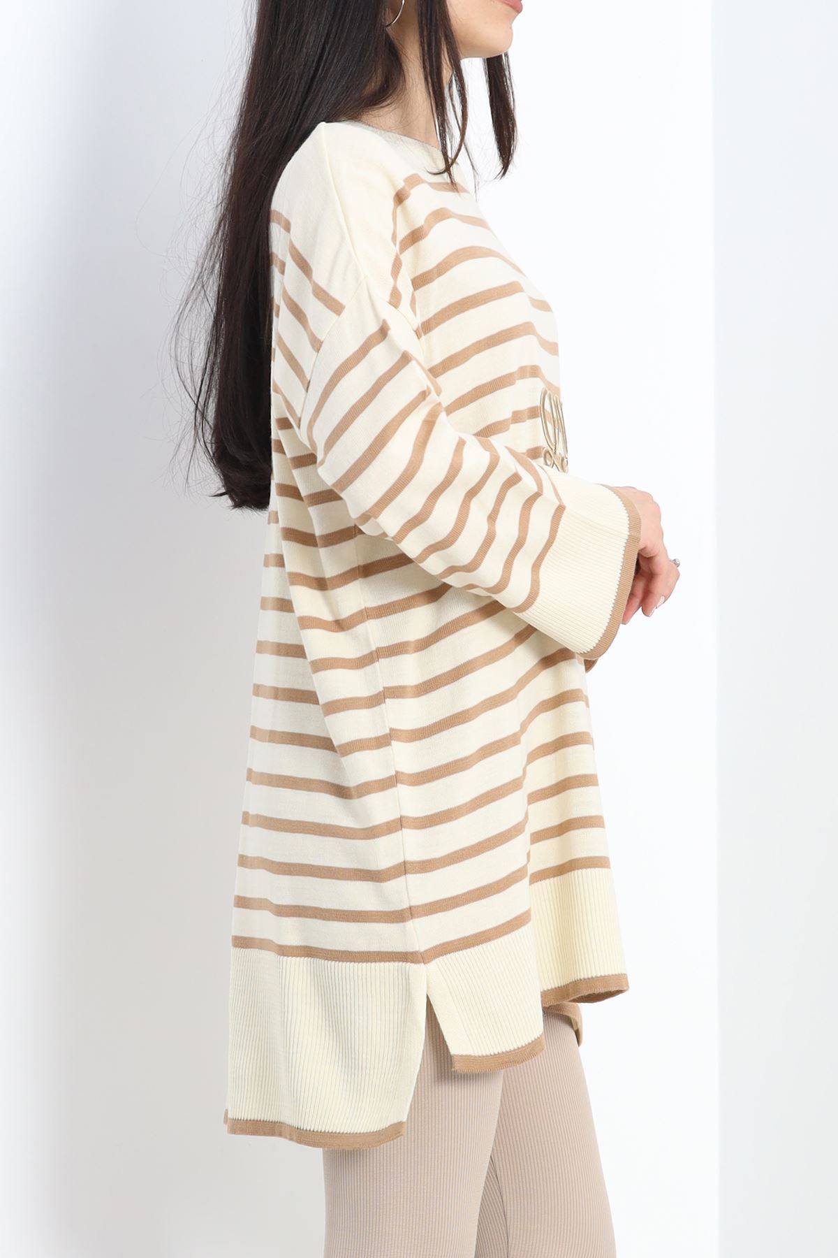 Nakışlı Oversize Triko Kazak Lattebisküvi - 540.1247.