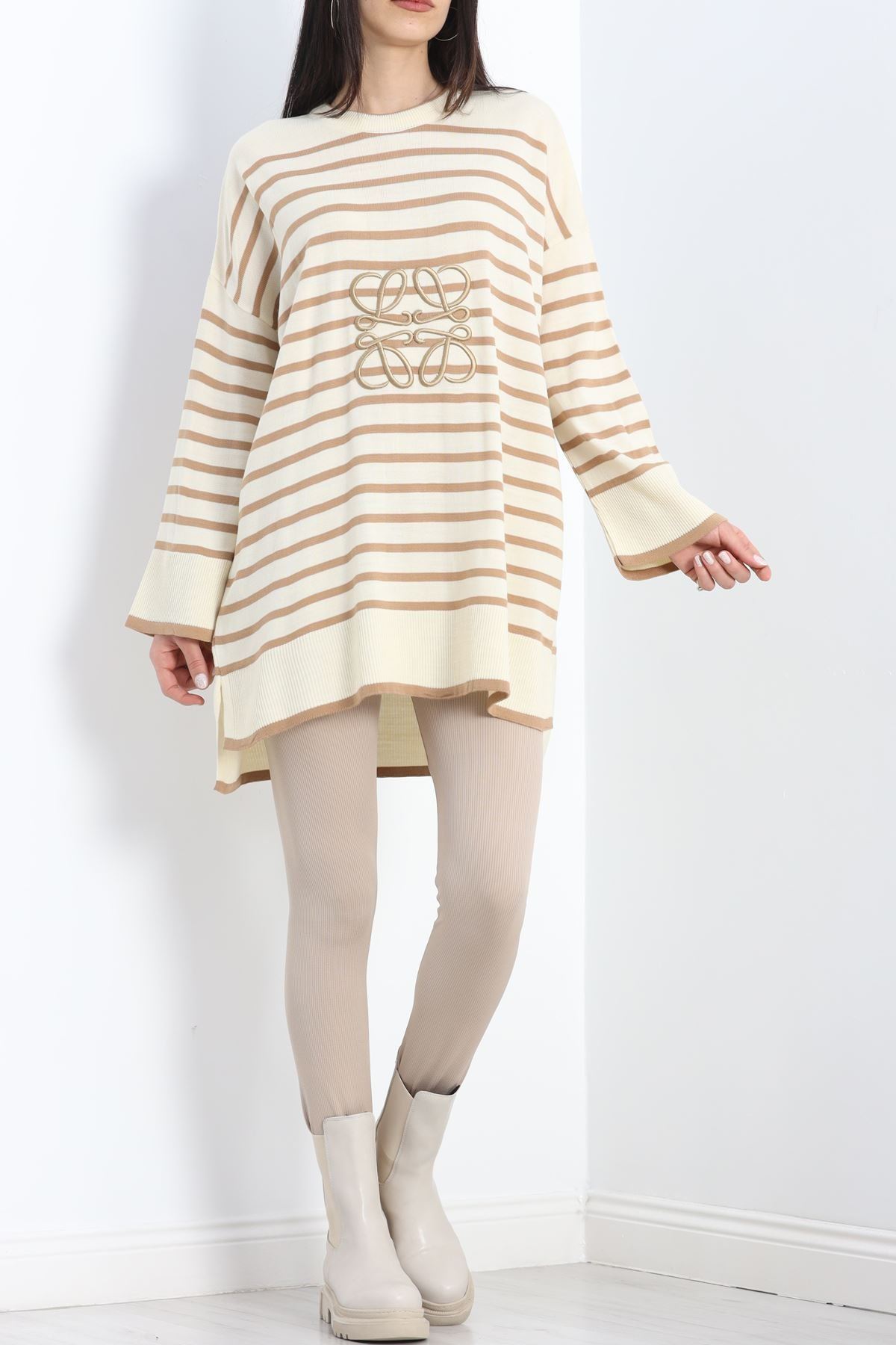 Nakışlı Oversize Triko Kazak Lattebisküvi - 540.1247.