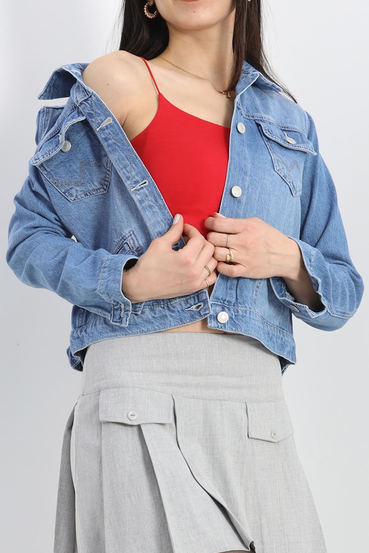 Cep Detay Crop Ceket Mavi - 4893.1900.