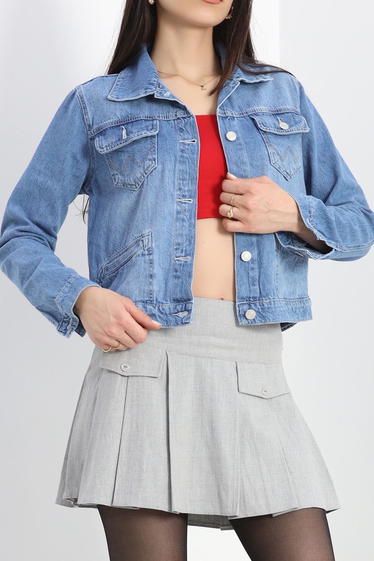Cep Detay Crop Ceket Mavi - 4893.1900.