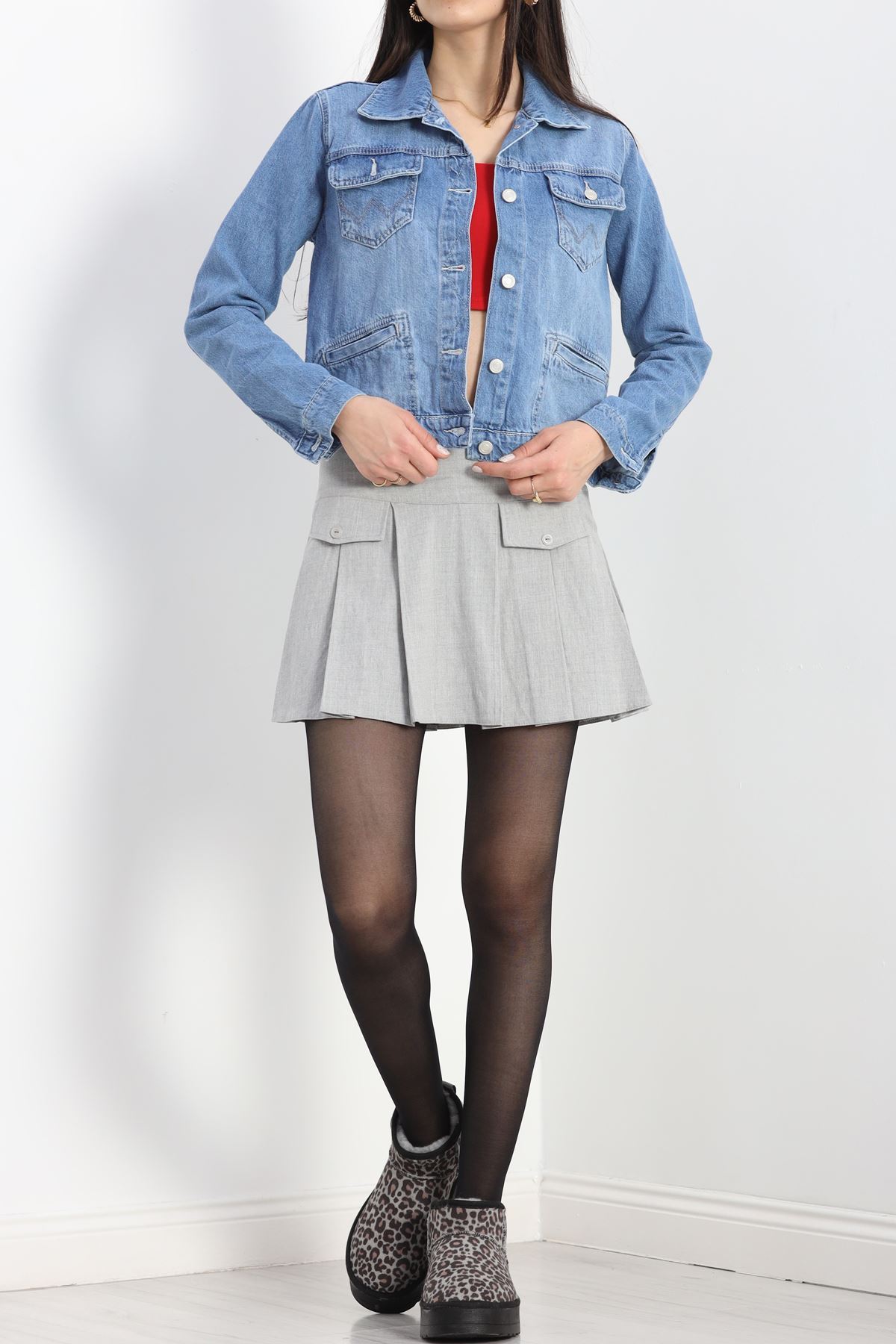 Cep Detay Crop Ceket Mavi - 4893.1900.