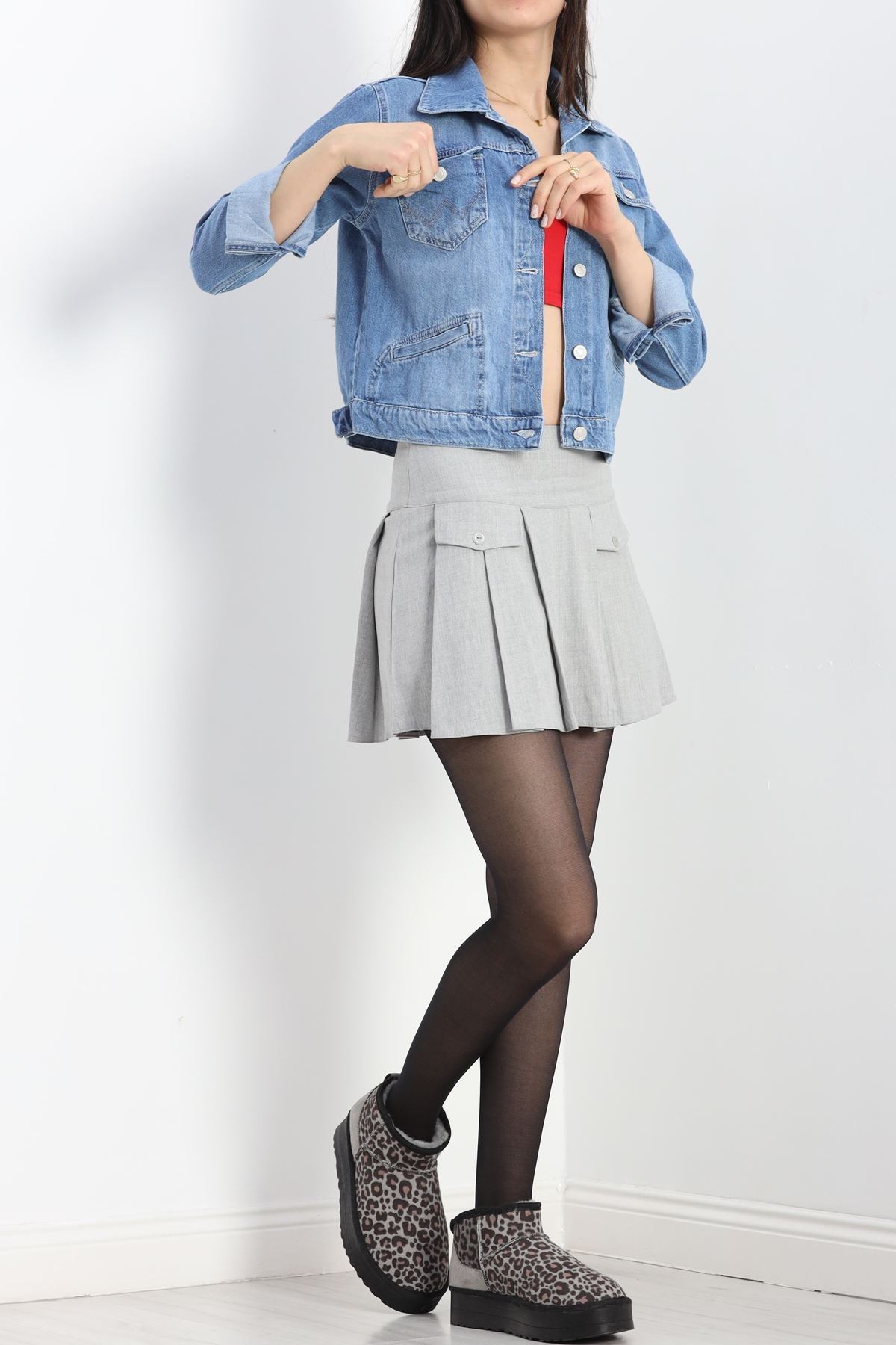 Cep Detay Crop Ceket Mavi - 4893.1900.