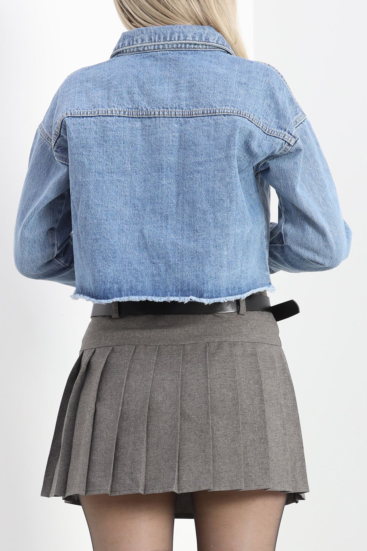Lazer Kesim Crop Kot Ceket Mavi - 23145.1900.