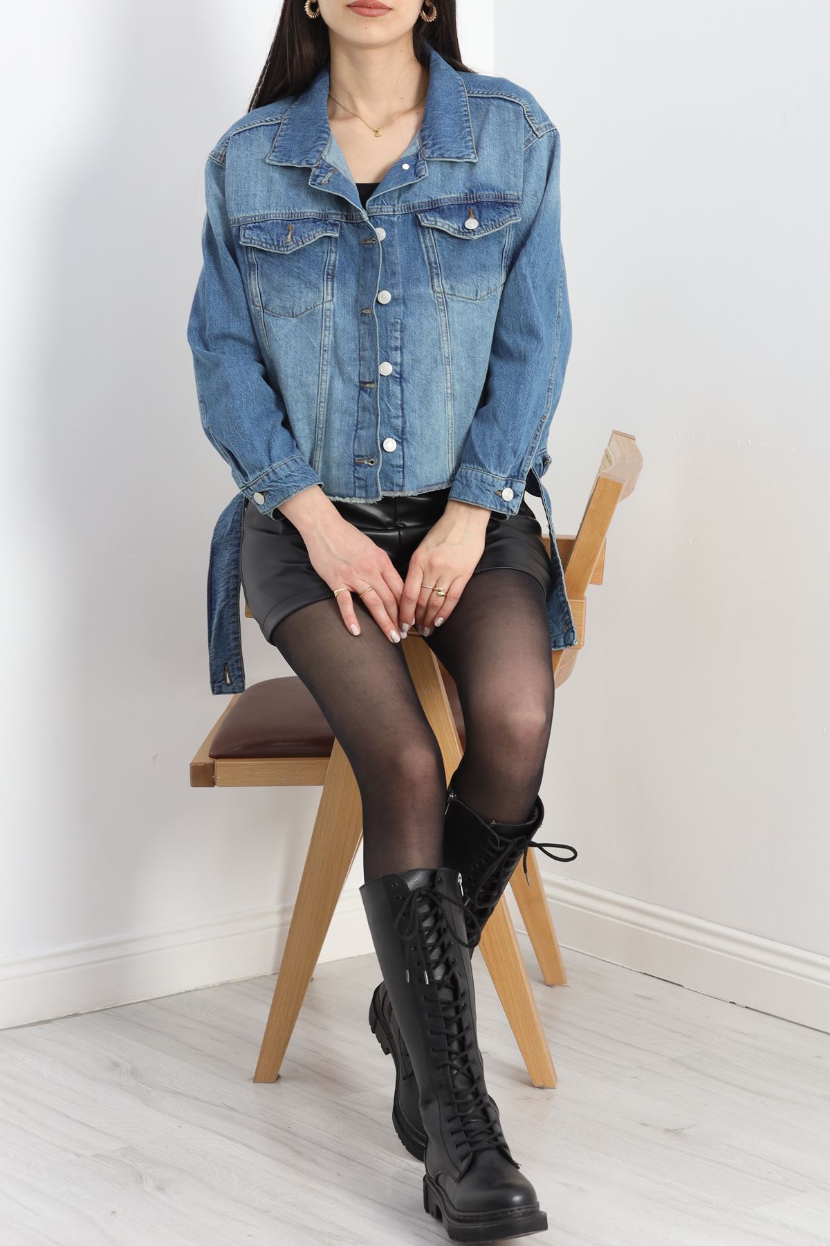 Kuşak Detay Oversize Kot Ceket Mavi - 4897.1900.