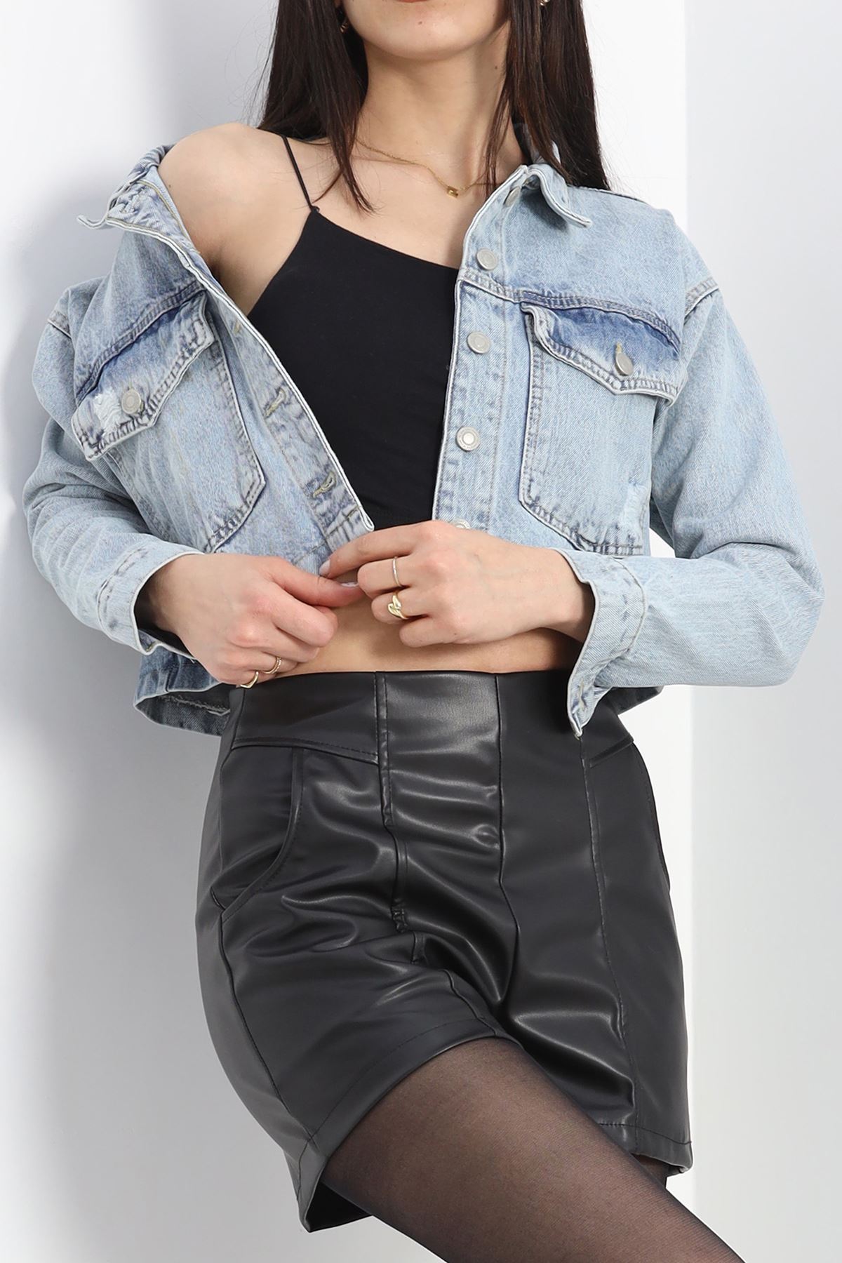 Lazer Kesim Crop Kot Ceket Buzmavi - 23145.1900.