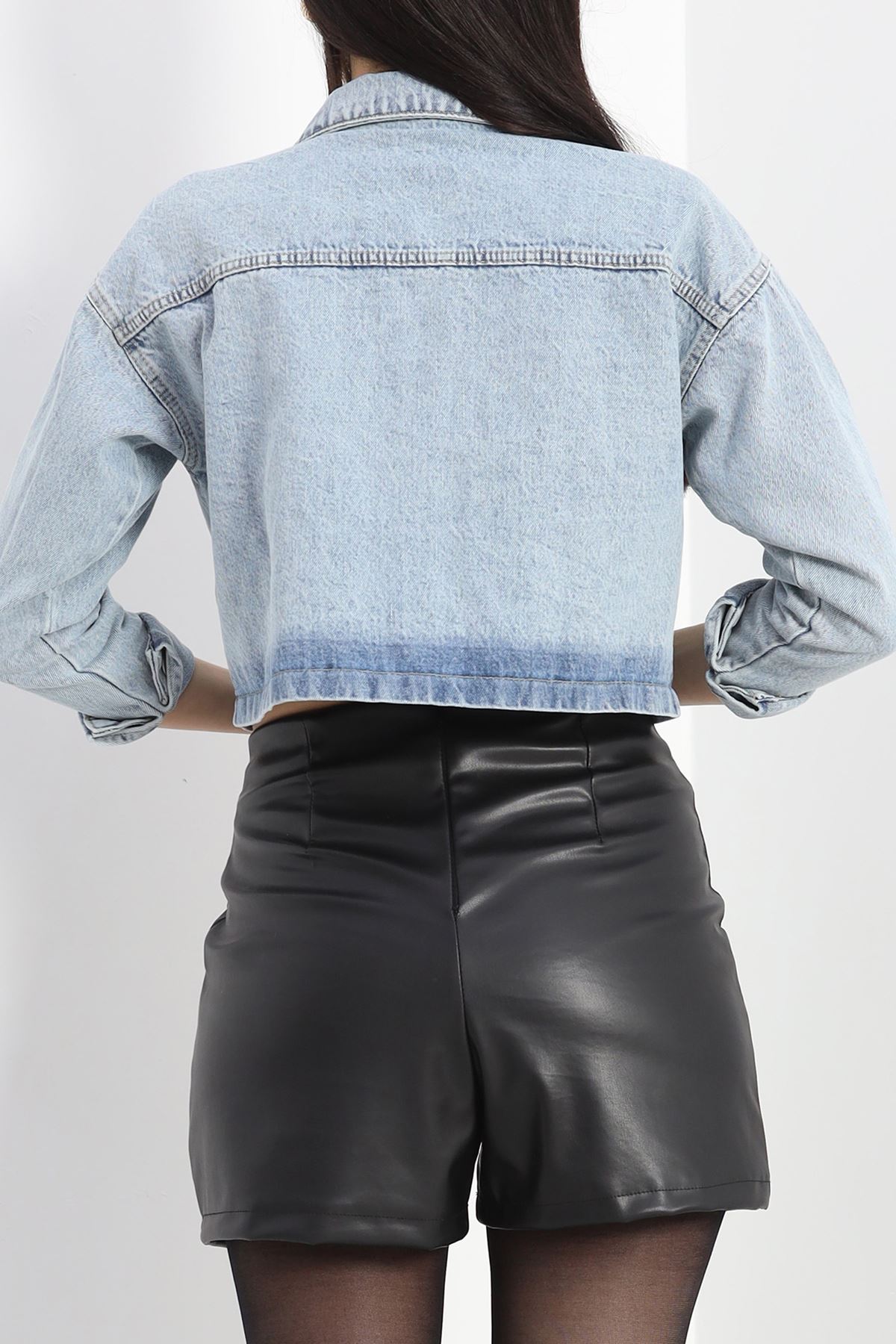 Lazer Kesim Crop Kot Ceket Buzmavi - 23145.1900.