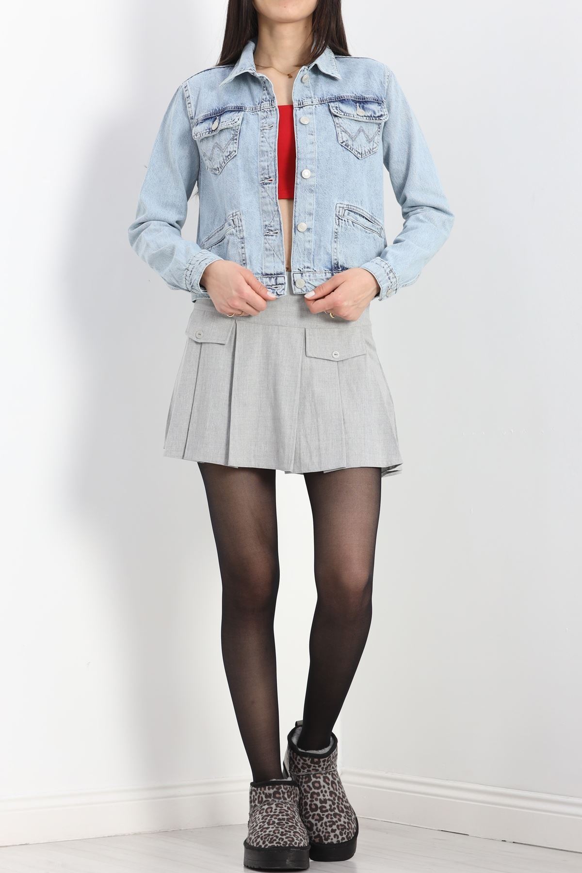 Cep Detay Crop Ceket Buzmavi - 4893.1900.