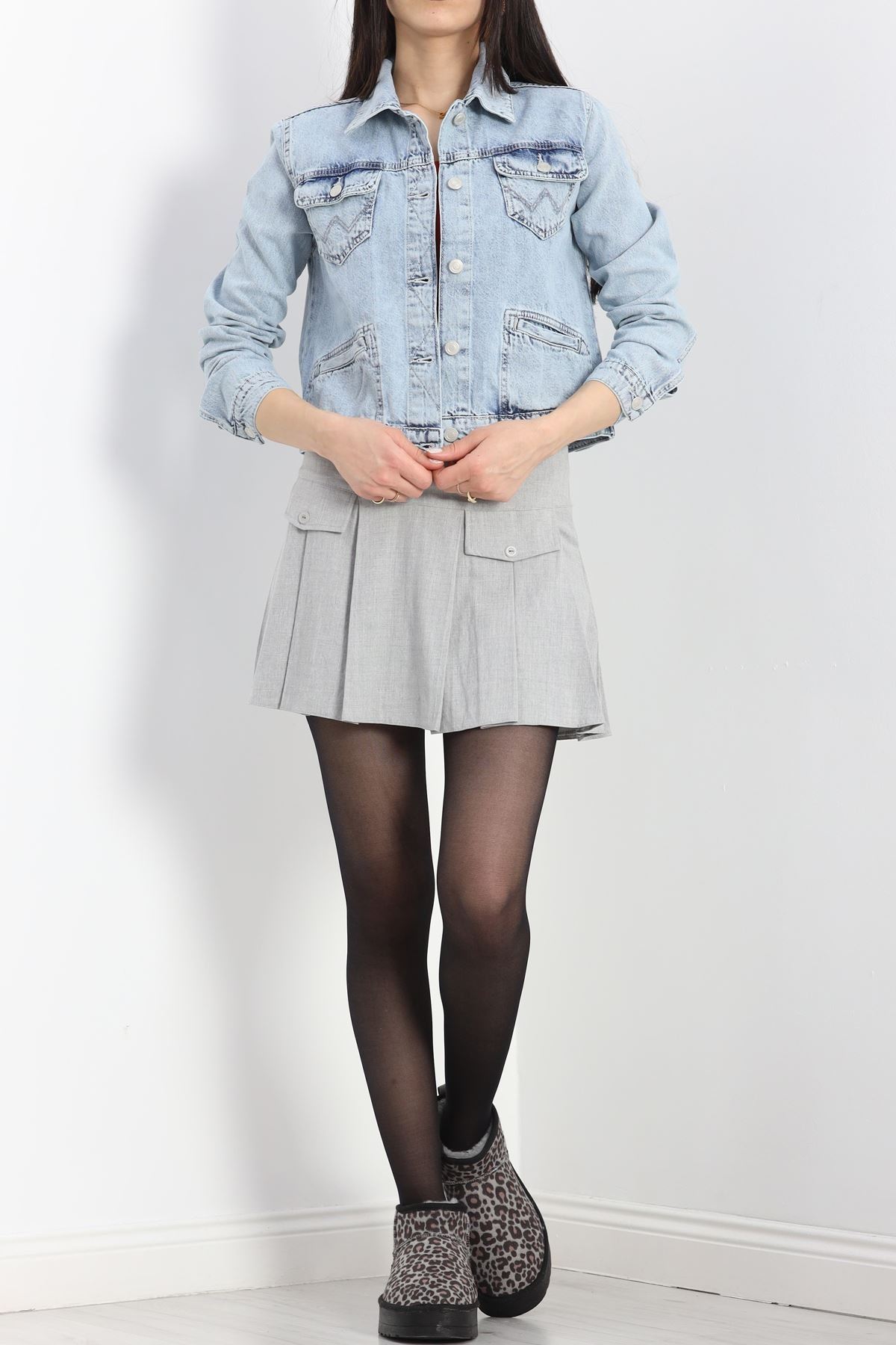 Cep Detay Crop Ceket Buzmavi - 4893.1900.