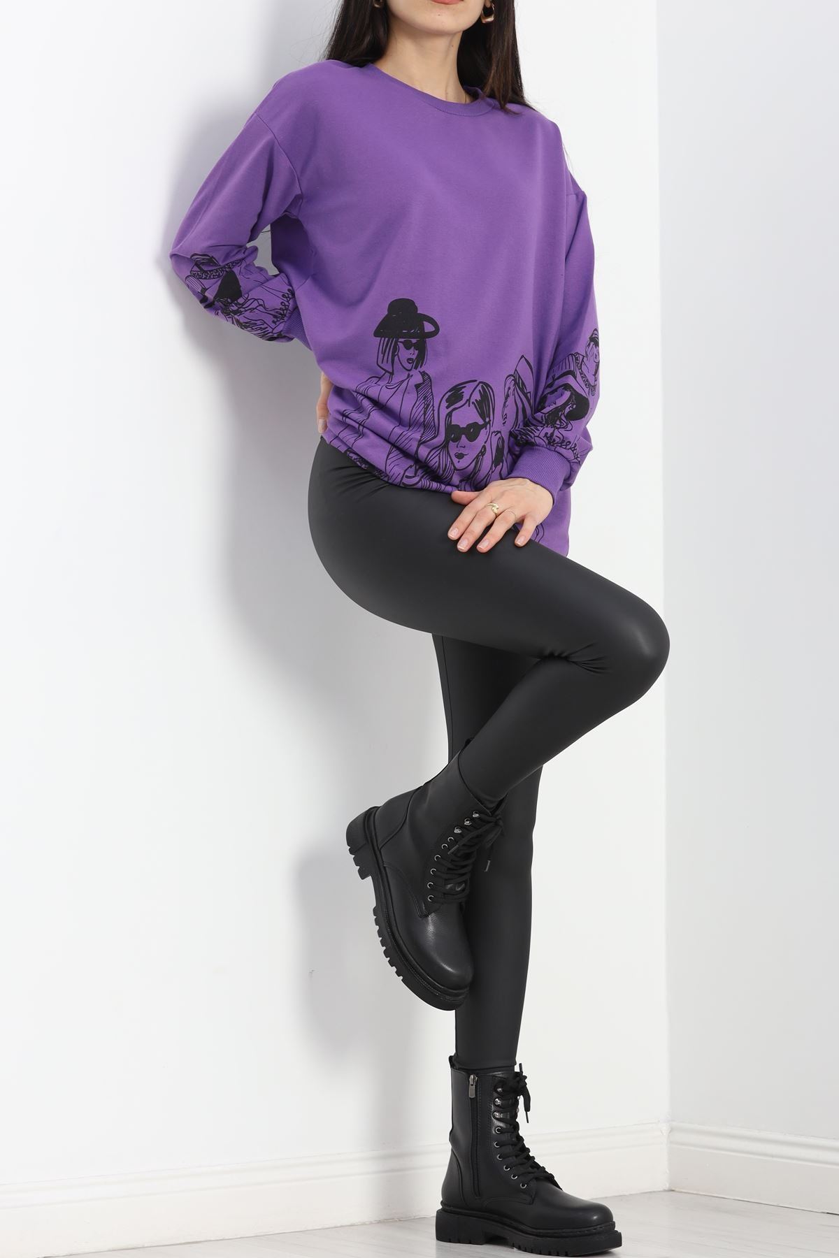 Baskılı İki İplik Tunik Sweat Mor - 40044.555.