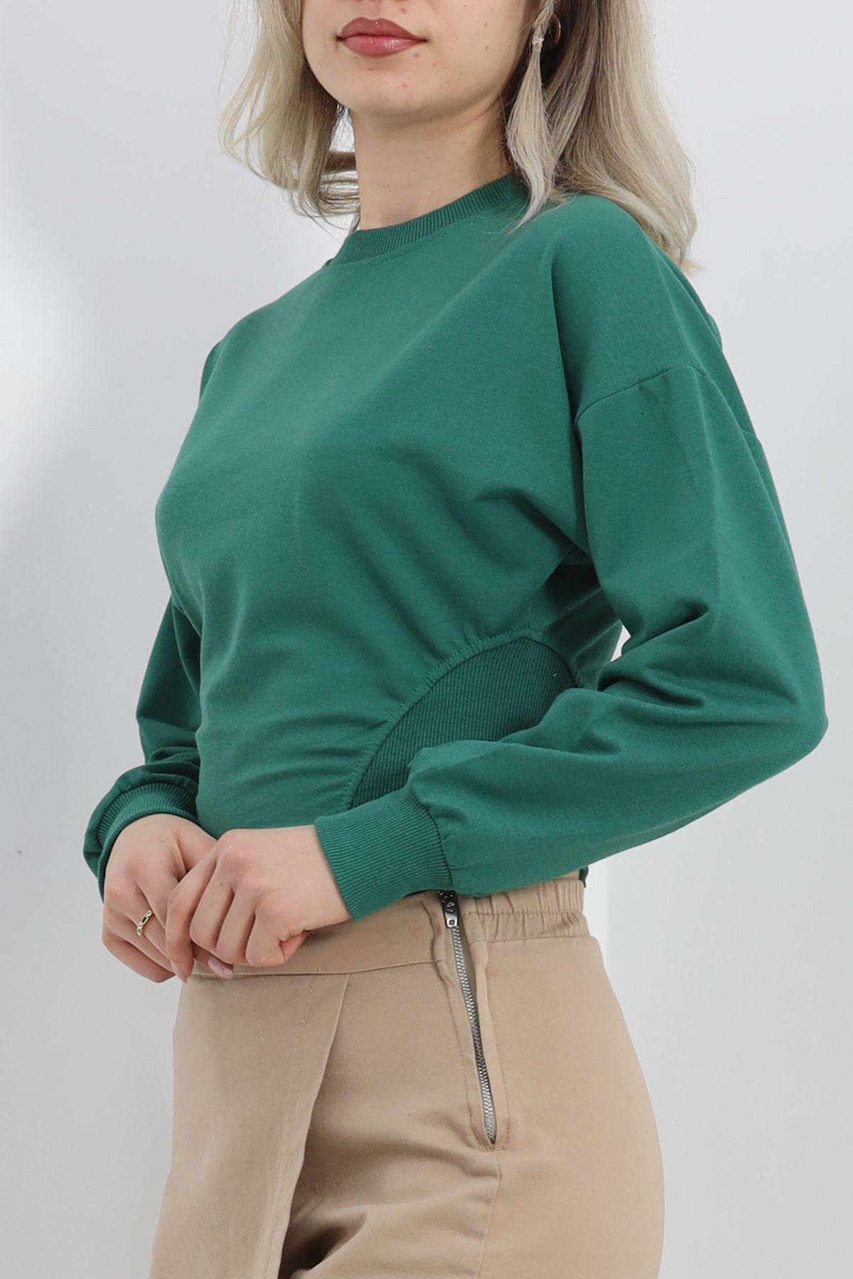 Bisiklet Yaka İki İplik Crop Sweat Zümrüt - 40045.555.