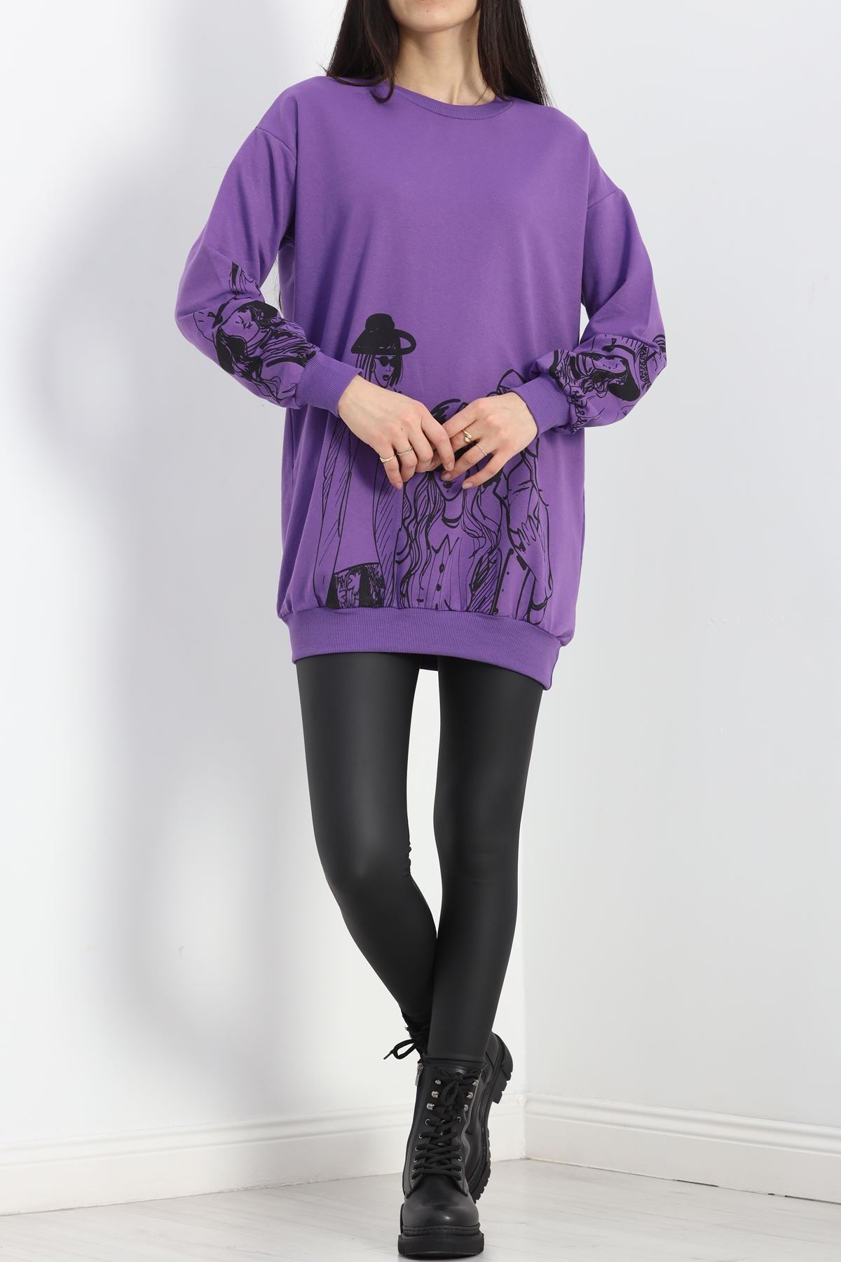 Baskılı İki İplik Tunik Sweat Mor - 40044.555.