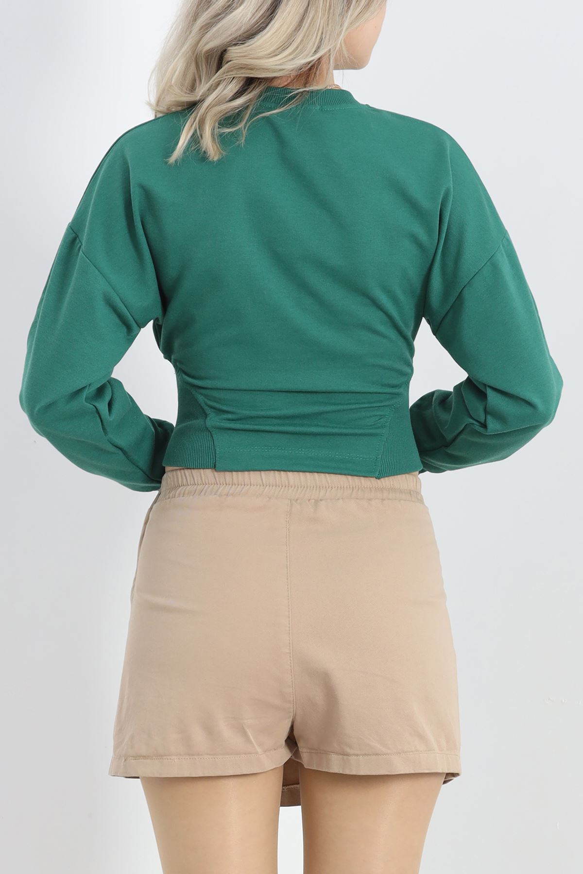 Bisiklet Yaka İki İplik Crop Sweat Zümrüt - 40045.555.