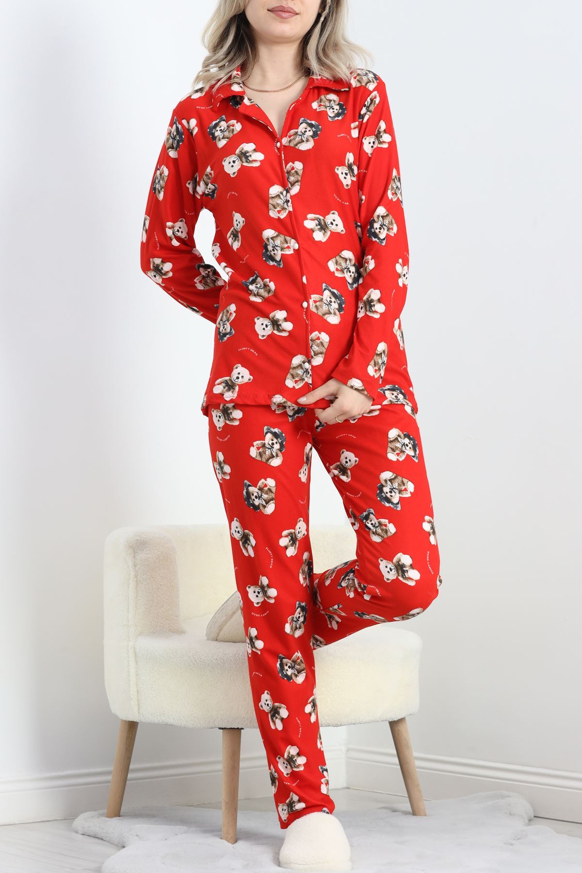 Süet Pijama Takımı Kırmızıbeyaz - 40003.1049.