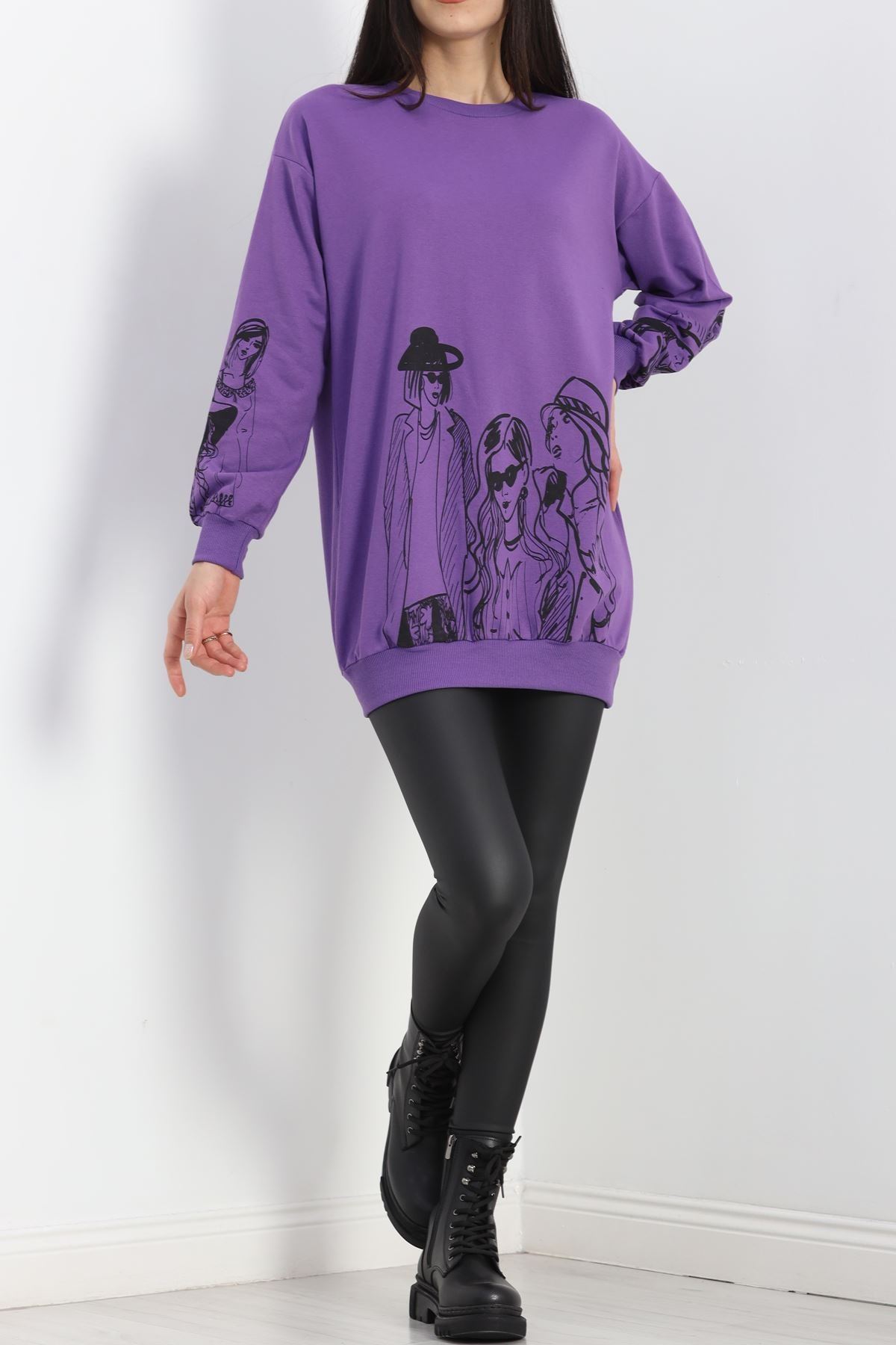 Baskılı İki İplik Tunik Sweat Mor - 40044.555.