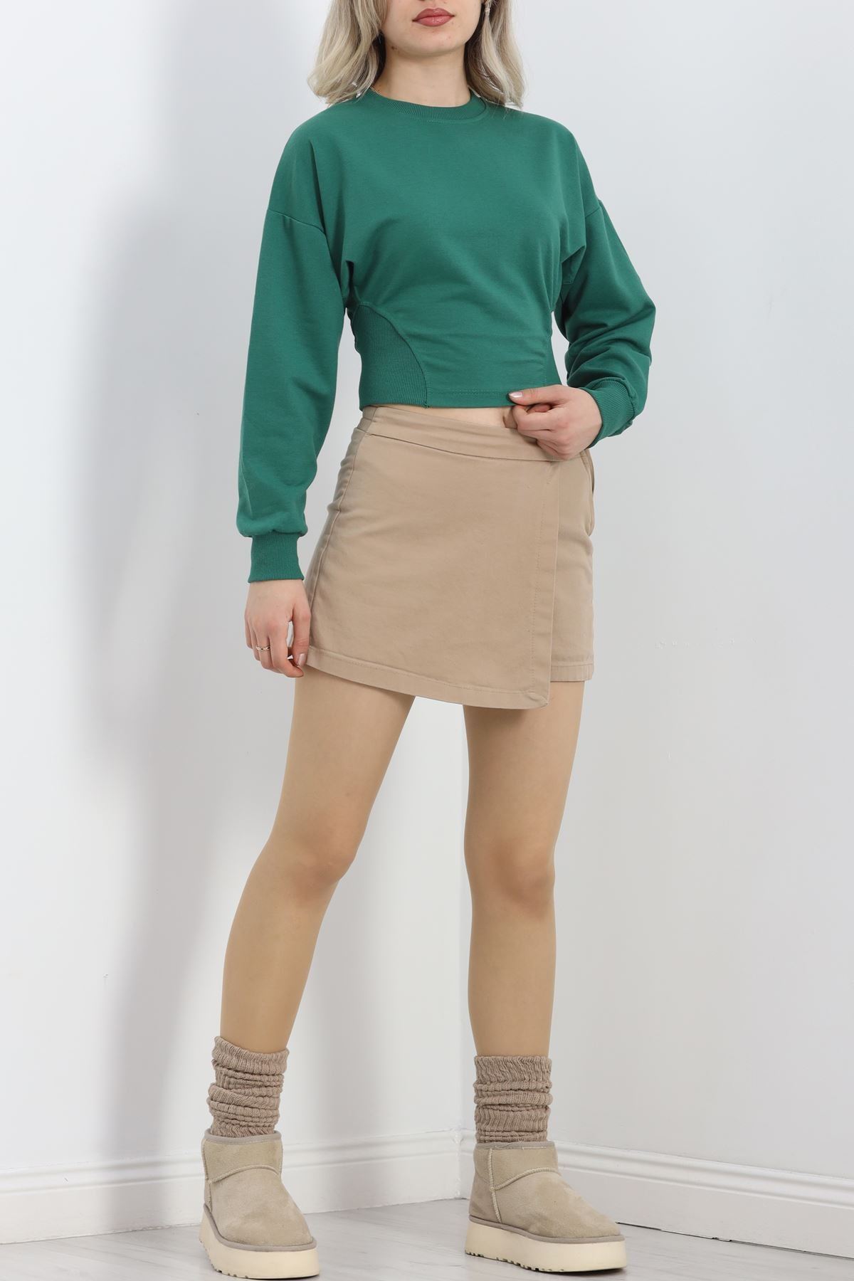 Bisiklet Yaka İki İplik Crop Sweat Zümrüt - 40045.555.