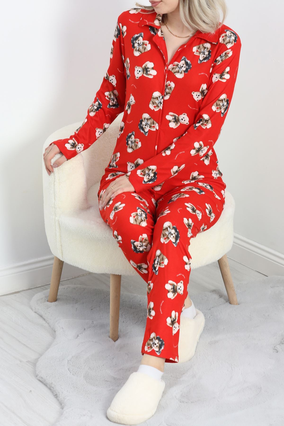 Süet Pijama Takımı Kırmızıbeyaz - 40003.1049.
