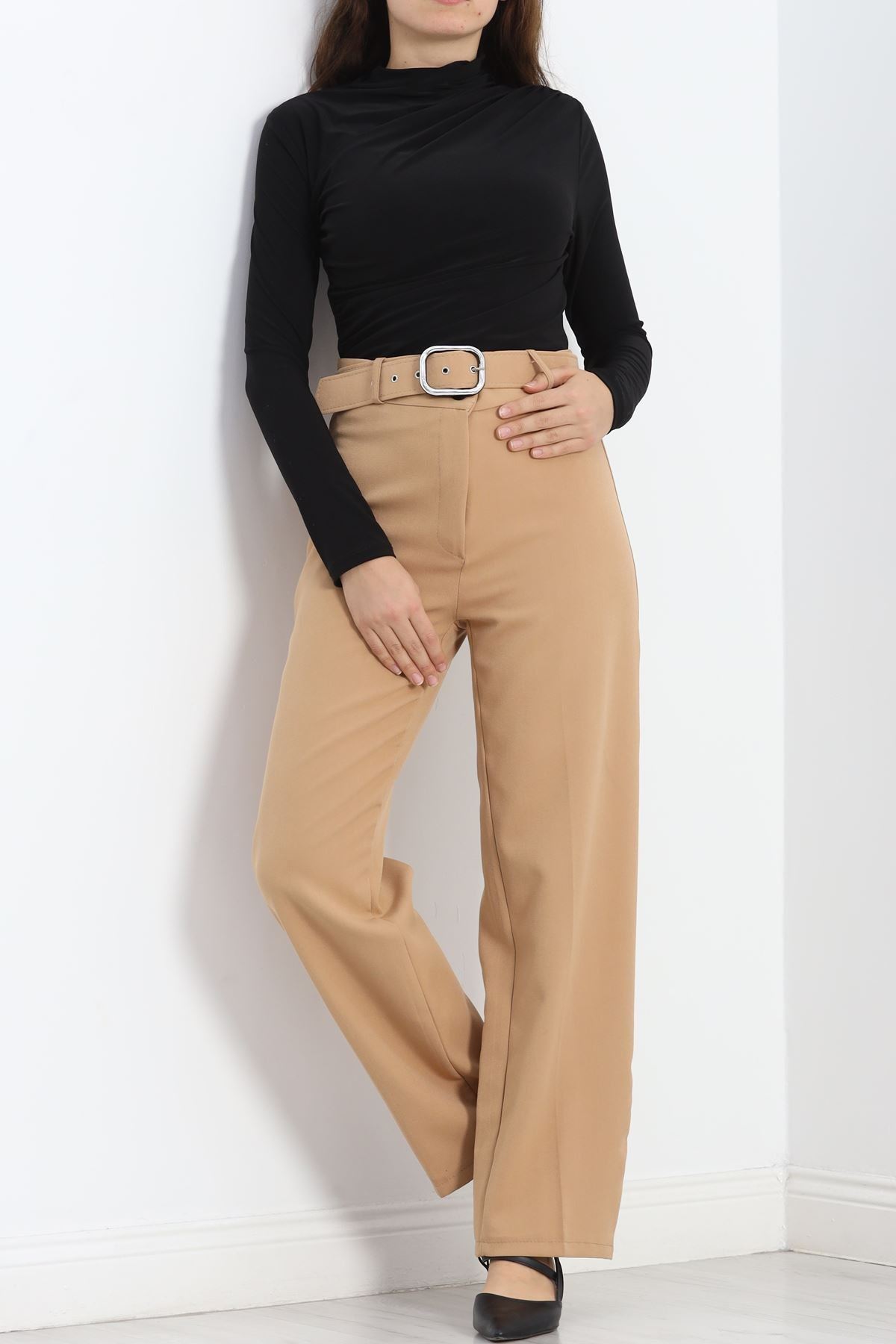 Double Kumaş Kemerli Bol Paça Pantolon Devetüyü - 20903.1397.