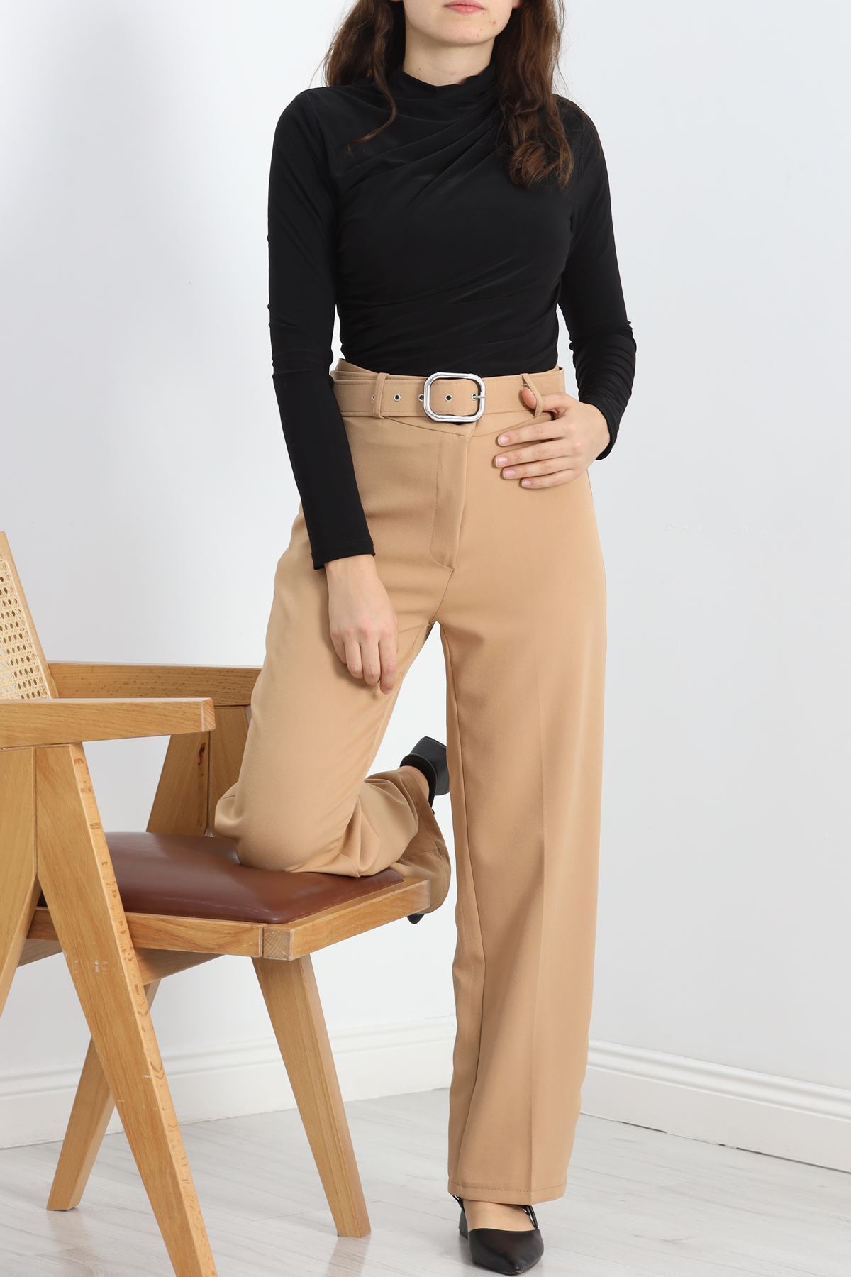Double Kumaş Kemerli Bol Paça Pantolon Devetüyü - 20903.1397.