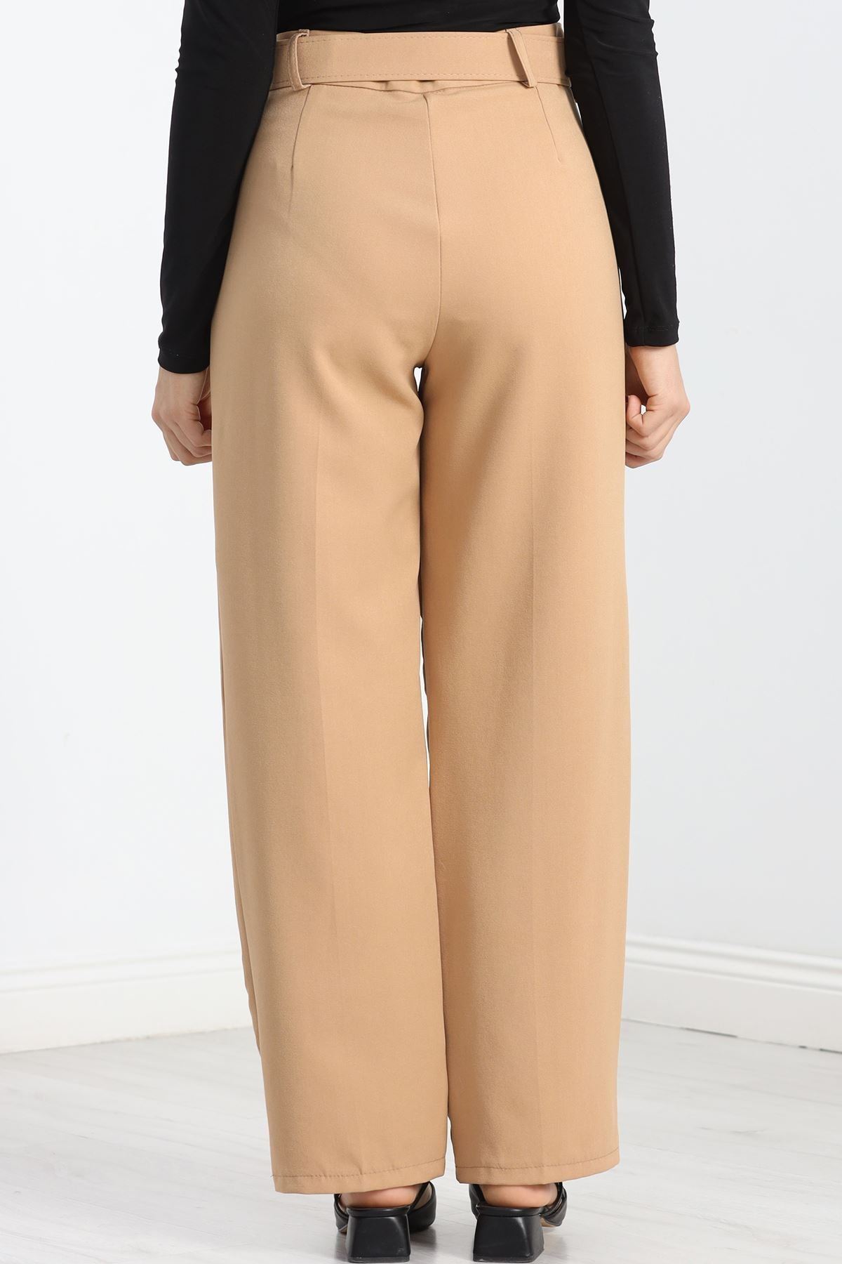 Double Kumaş Kemerli Bol Paça Pantolon Devetüyü - 20903.1397.