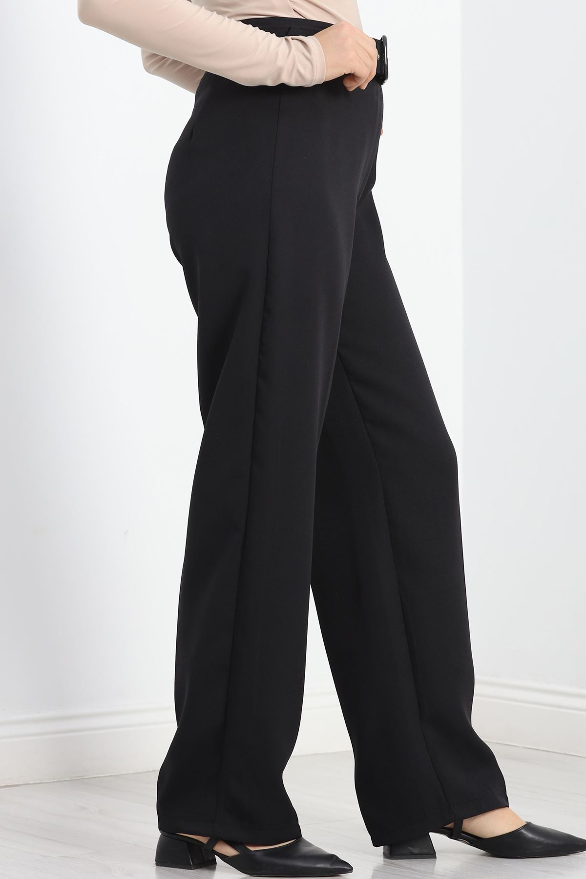 Double Kumaş Kemerli Bol Paça Pantolon Siyah - 20903.1397.