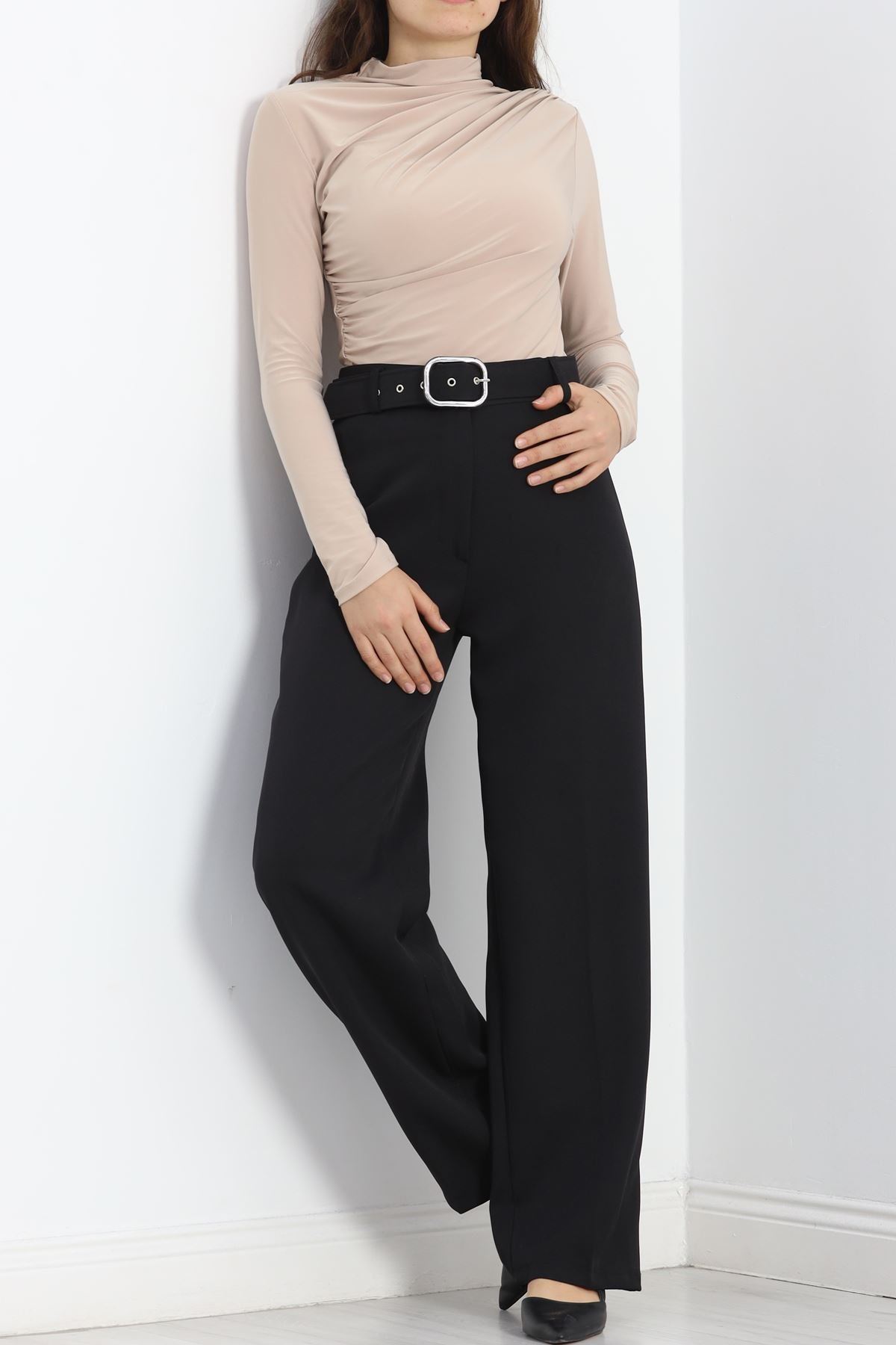 Double Kumaş Kemerli Bol Paça Pantolon Siyah - 20903.1397.