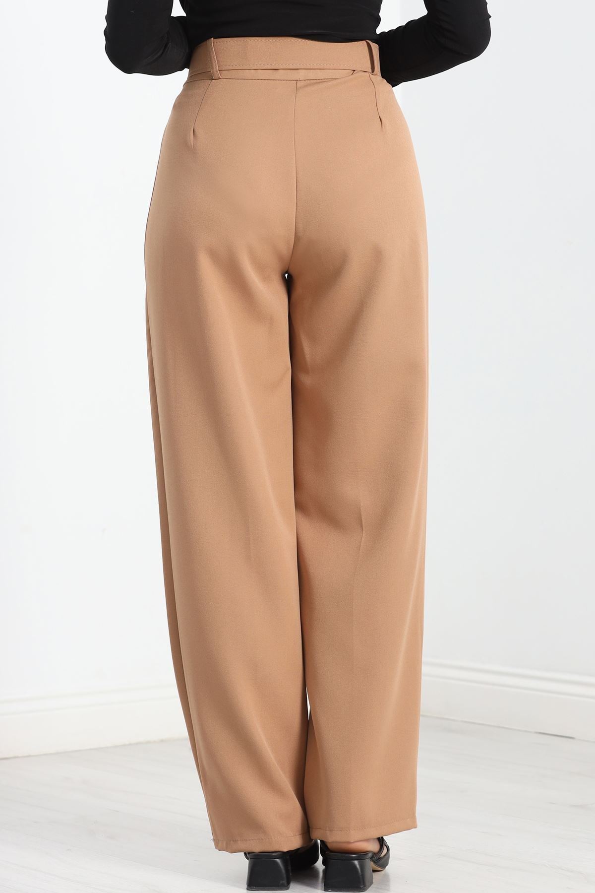 Double Kumaş Kemerli Bol Paça Pantolon Bisküvi - 20903.1397.