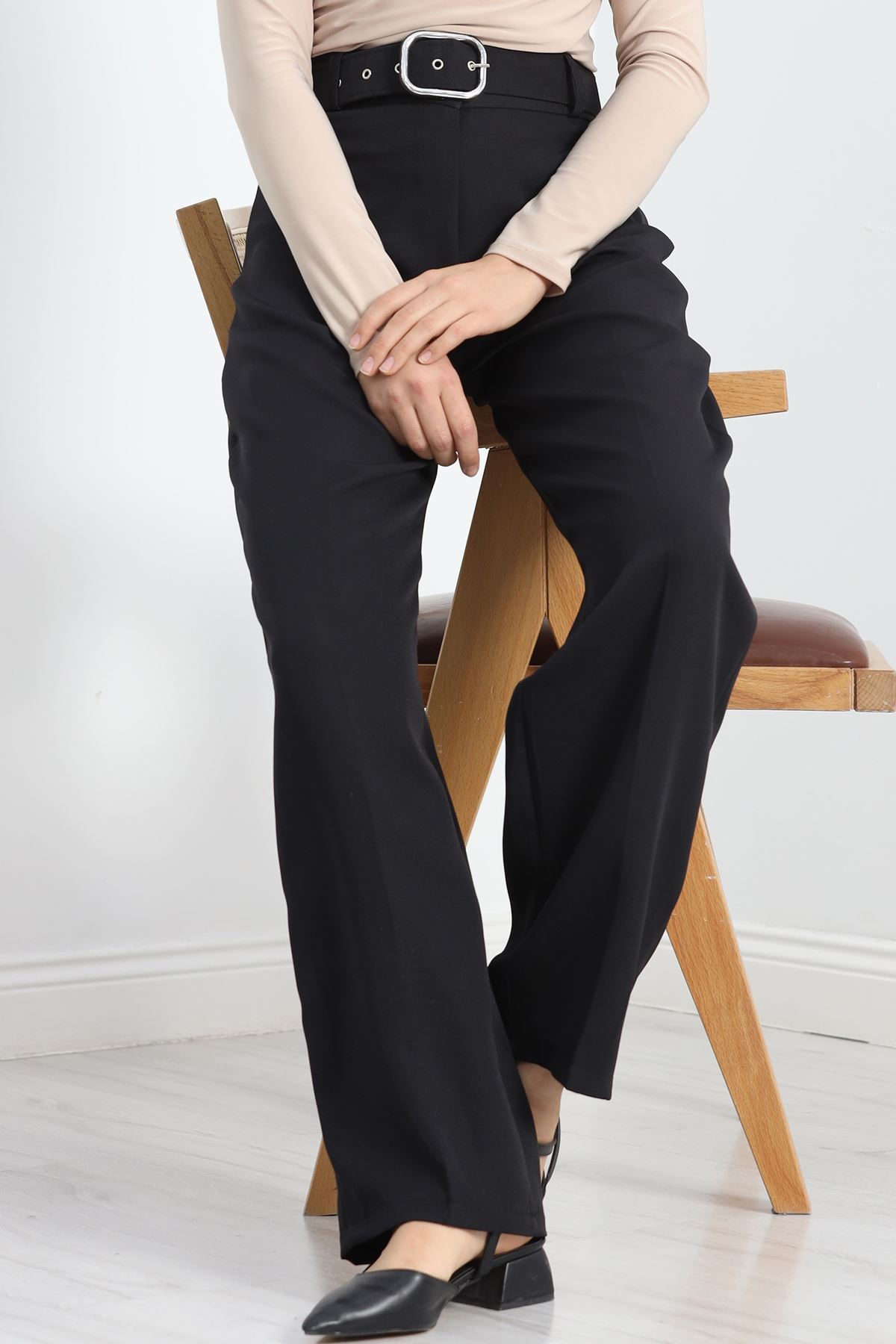 Double Kumaş Kemerli Bol Paça Pantolon Siyah - 20903.1397.