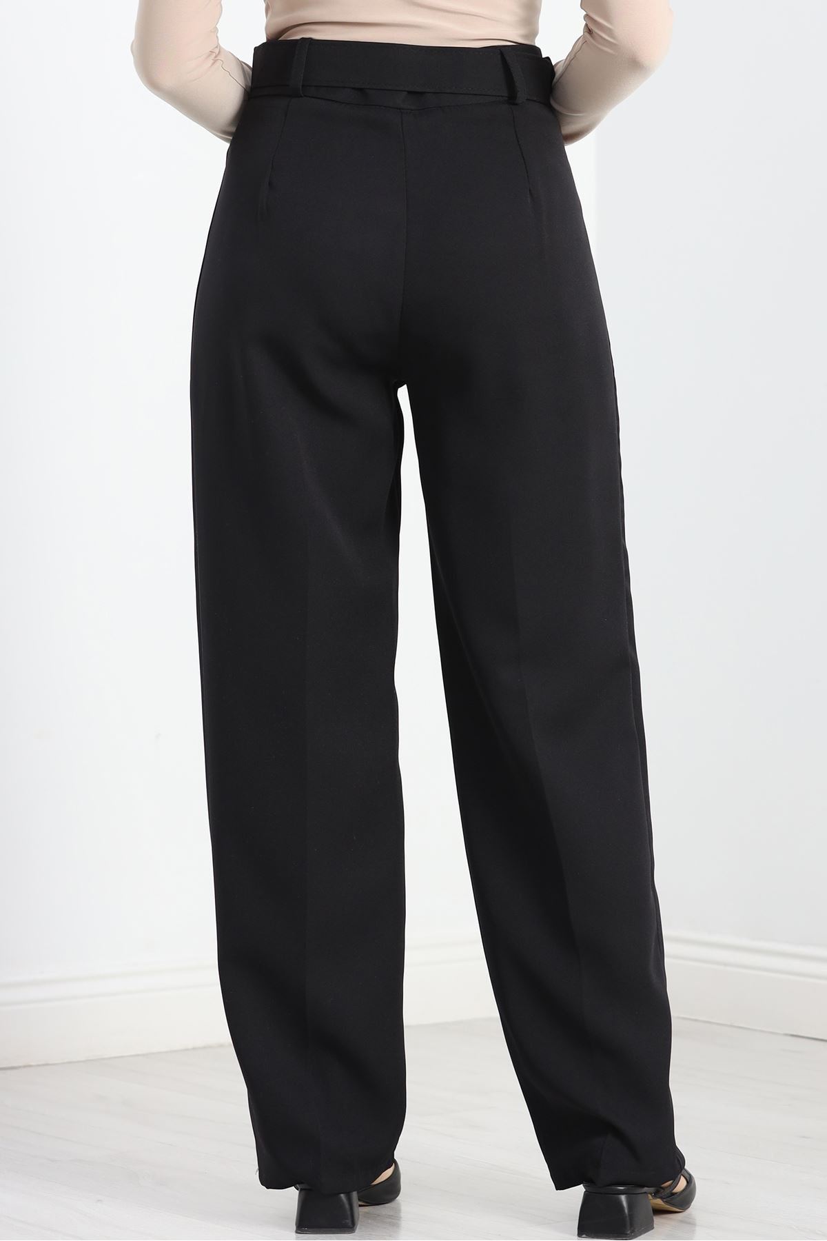 Double Kumaş Kemerli Bol Paça Pantolon Siyah - 20903.1397.