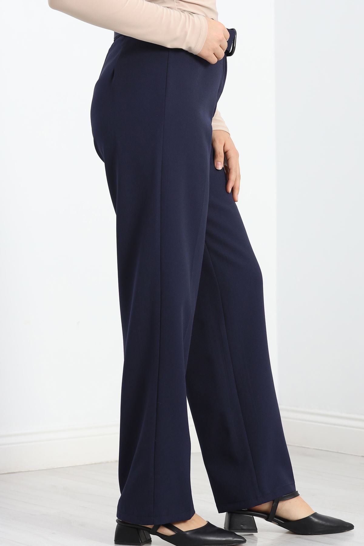 Double Kumaş Kemerli Bol Paça Pantolon Lacivert - 20903.1397.