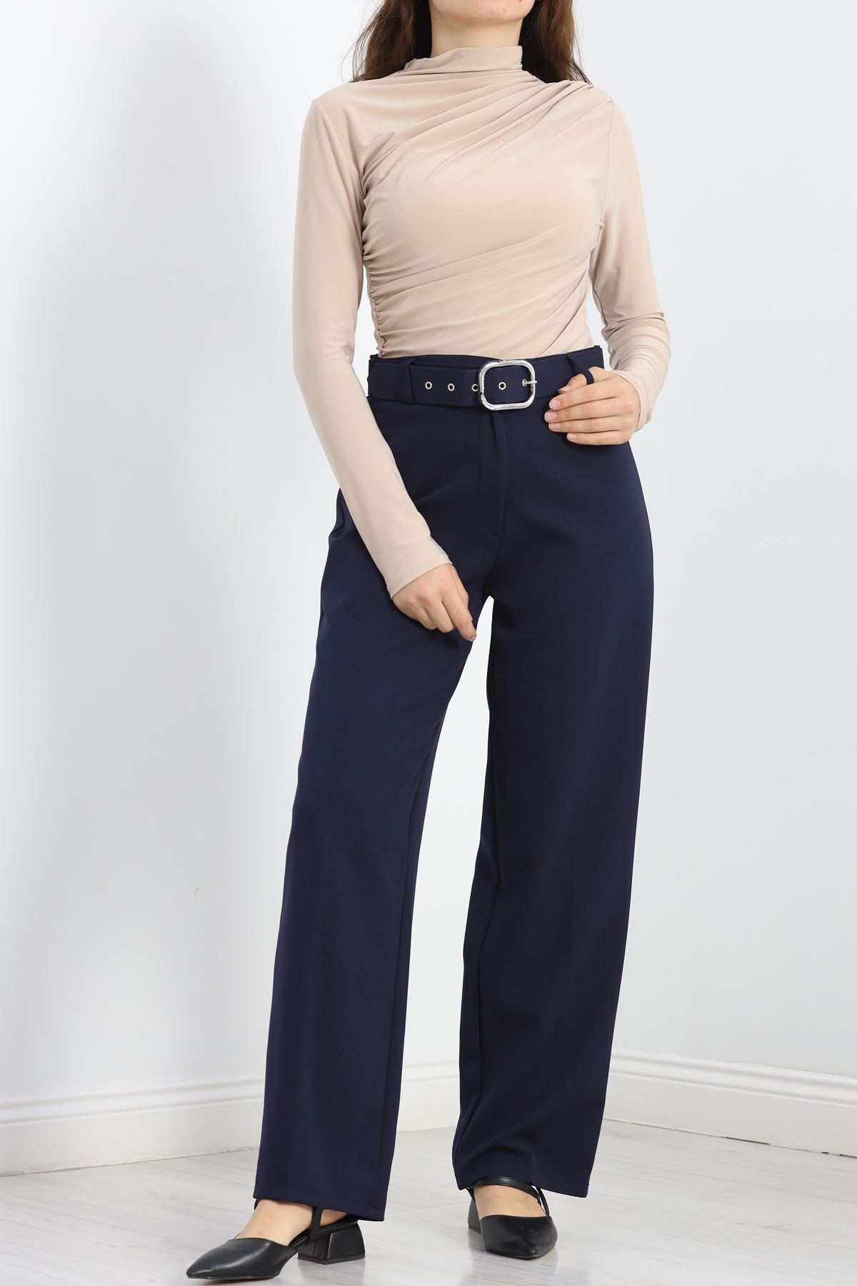 Double Kumaş Kemerli Bol Paça Pantolon Lacivert - 20903.1397.