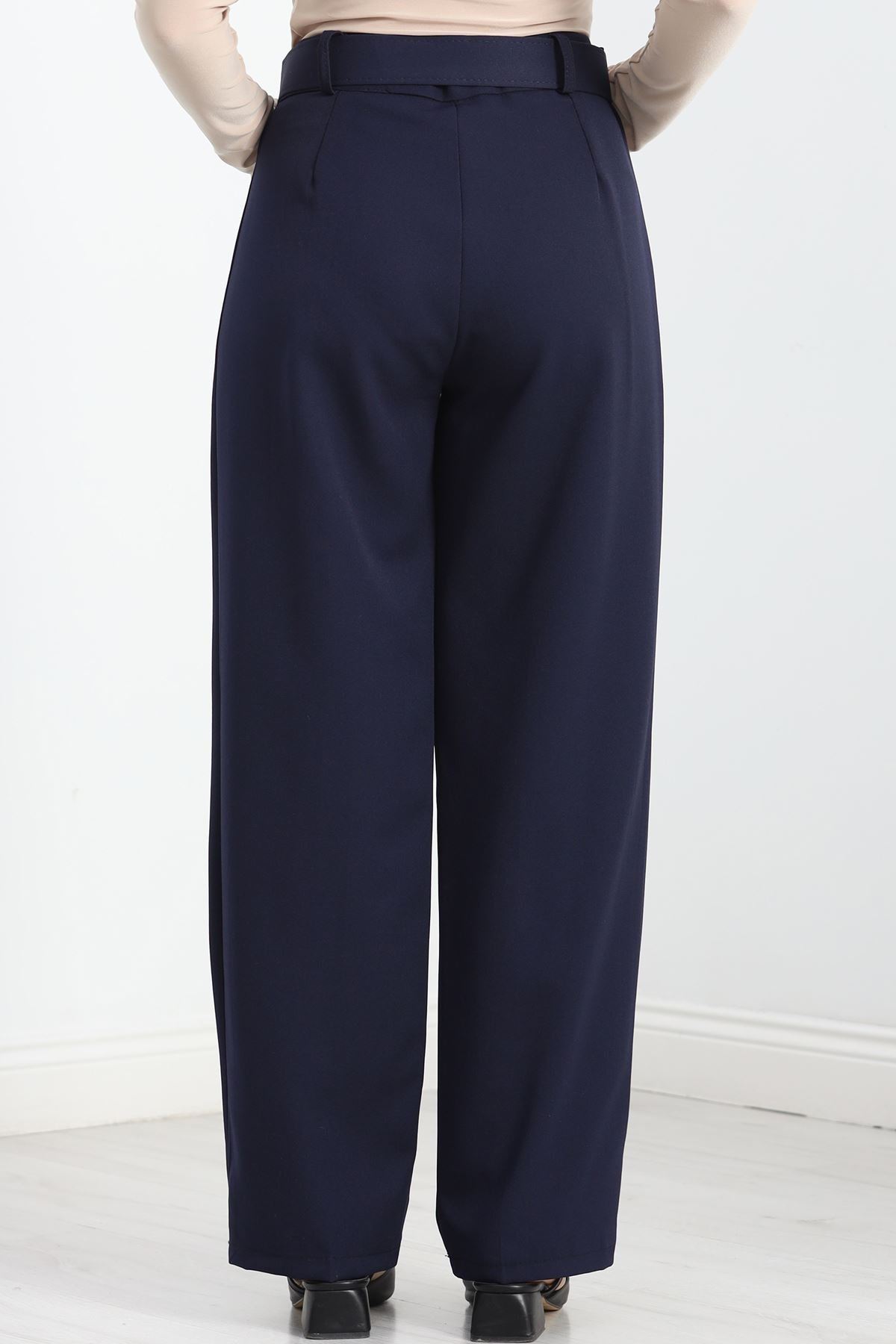 Double Kumaş Kemerli Bol Paça Pantolon Lacivert - 20903.1397.