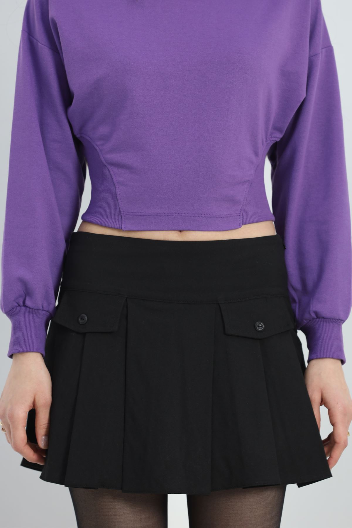 Bisiklet Yaka İki İplik Crop Sweat Mor - 40045.555.